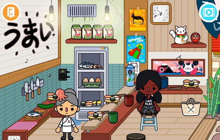 Screenshot from Toca City, showing cartoon dolls in a sushi restaurant set.