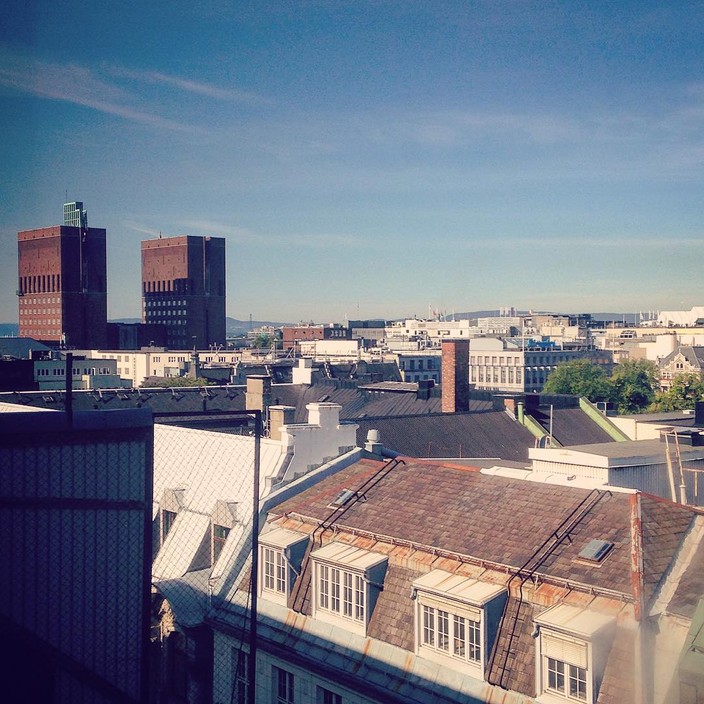 Rooftops, downtown Oslo. View towards the town hall.