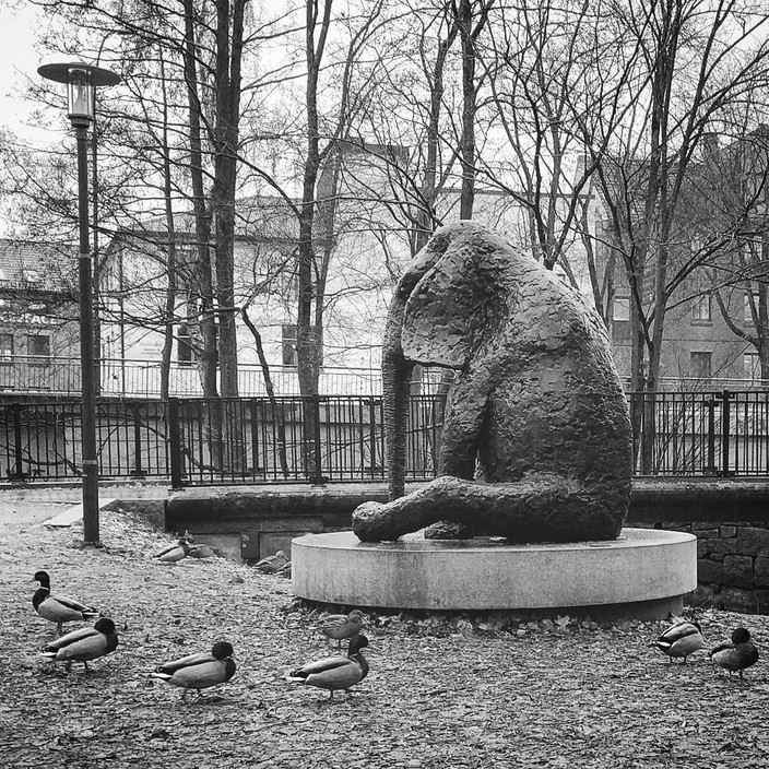 Sad elephant statue near Akerselva, Oslo
