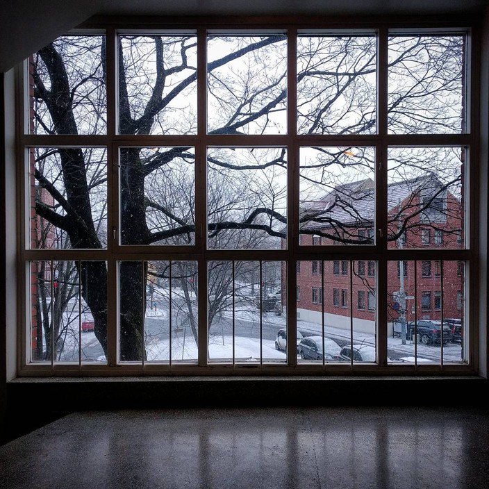 View from inside a hallway, looking through a window with many panes out onto a winter street scene.