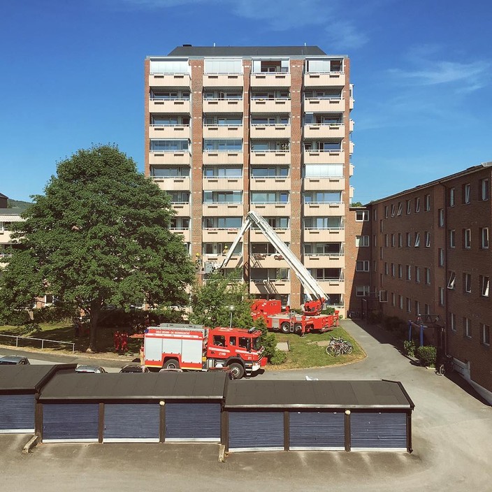 Fire trucks outside an apartment building at Disen, Oslo.