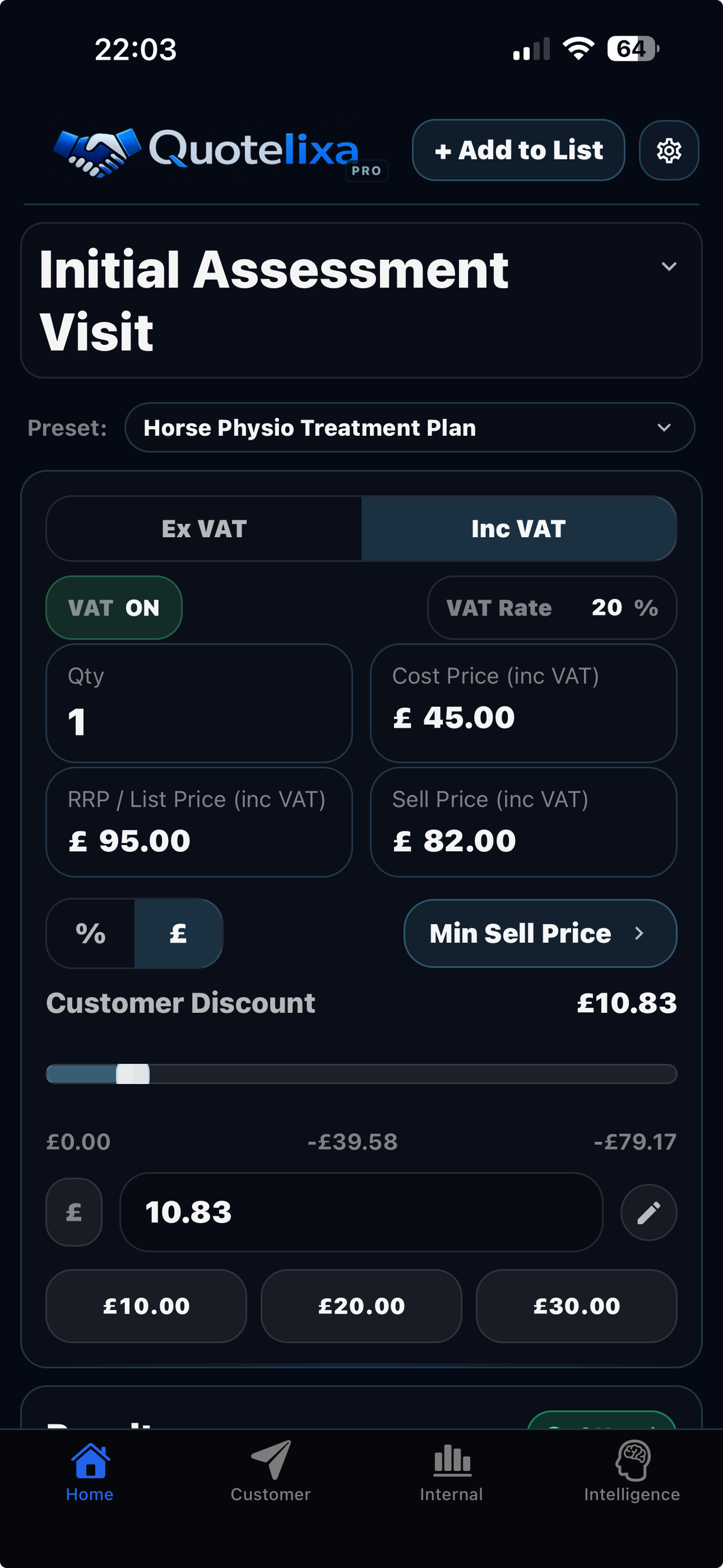Home tab in Quotelixa showing line-level pricing inputs, discount controls, tax settings, and minimum sell guidance for a single quoted line