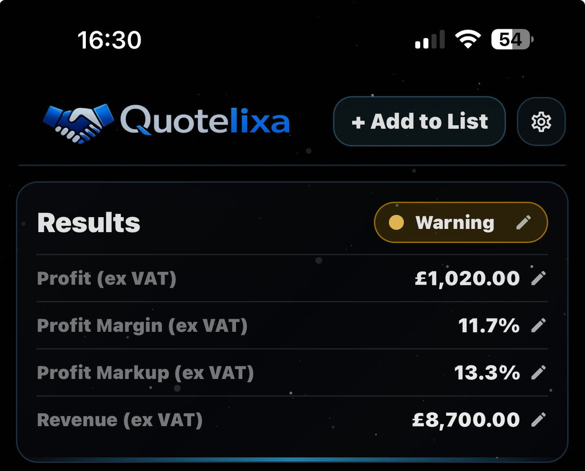 Quotelixa line result showing revenue, cost, and profit for a priced quote line