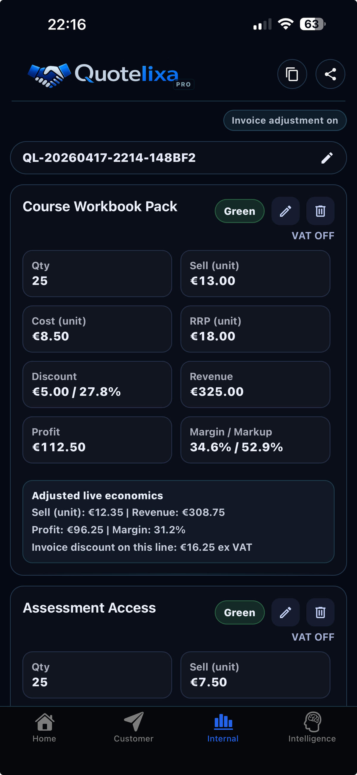Quotelixa Internal view screen showing revenue, profit, margin, markup, and adjusted quote figures