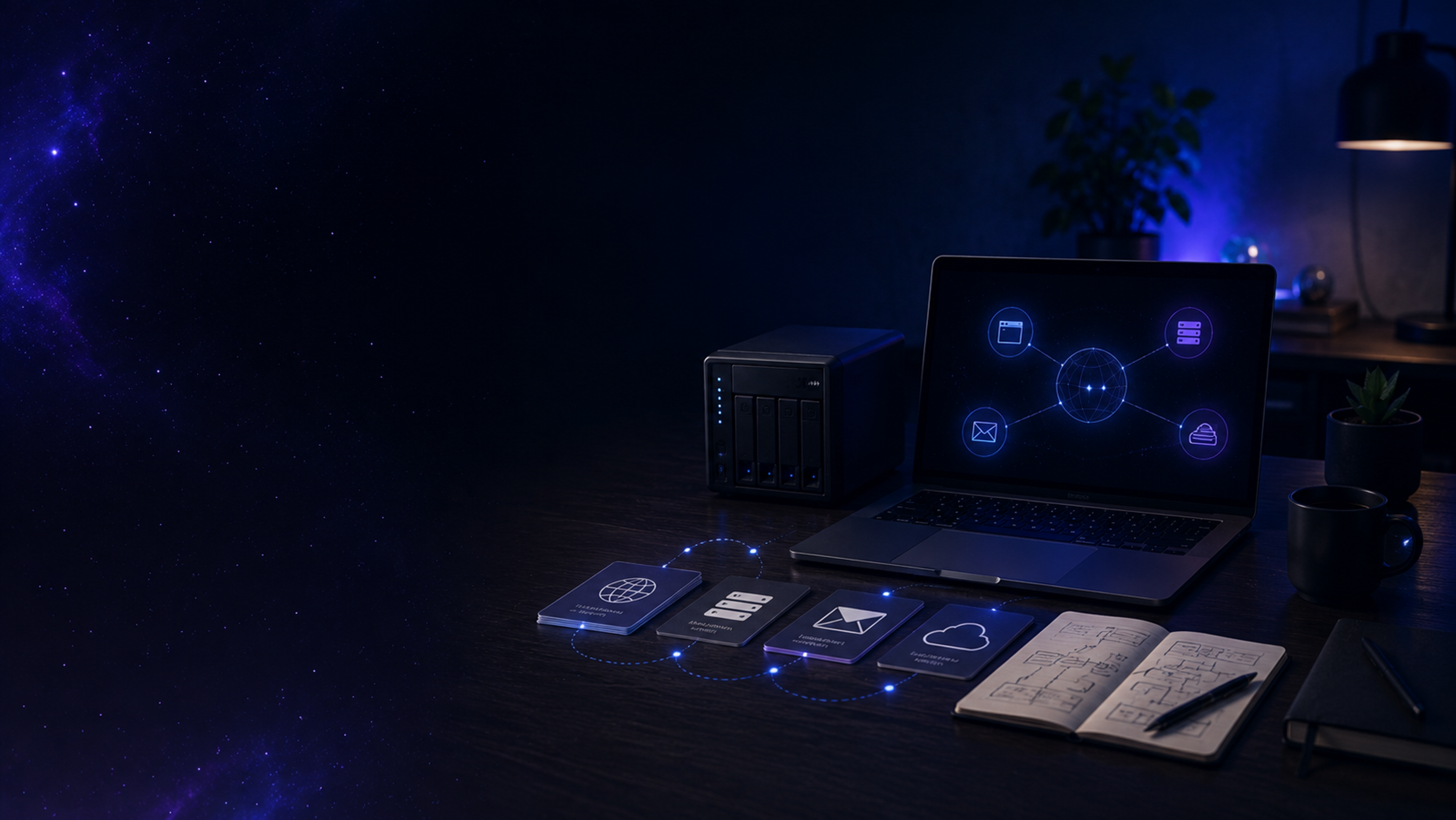 Workspace with a laptop, small server and connected digital icons showing how a domain, hosting, email and DNS records work together