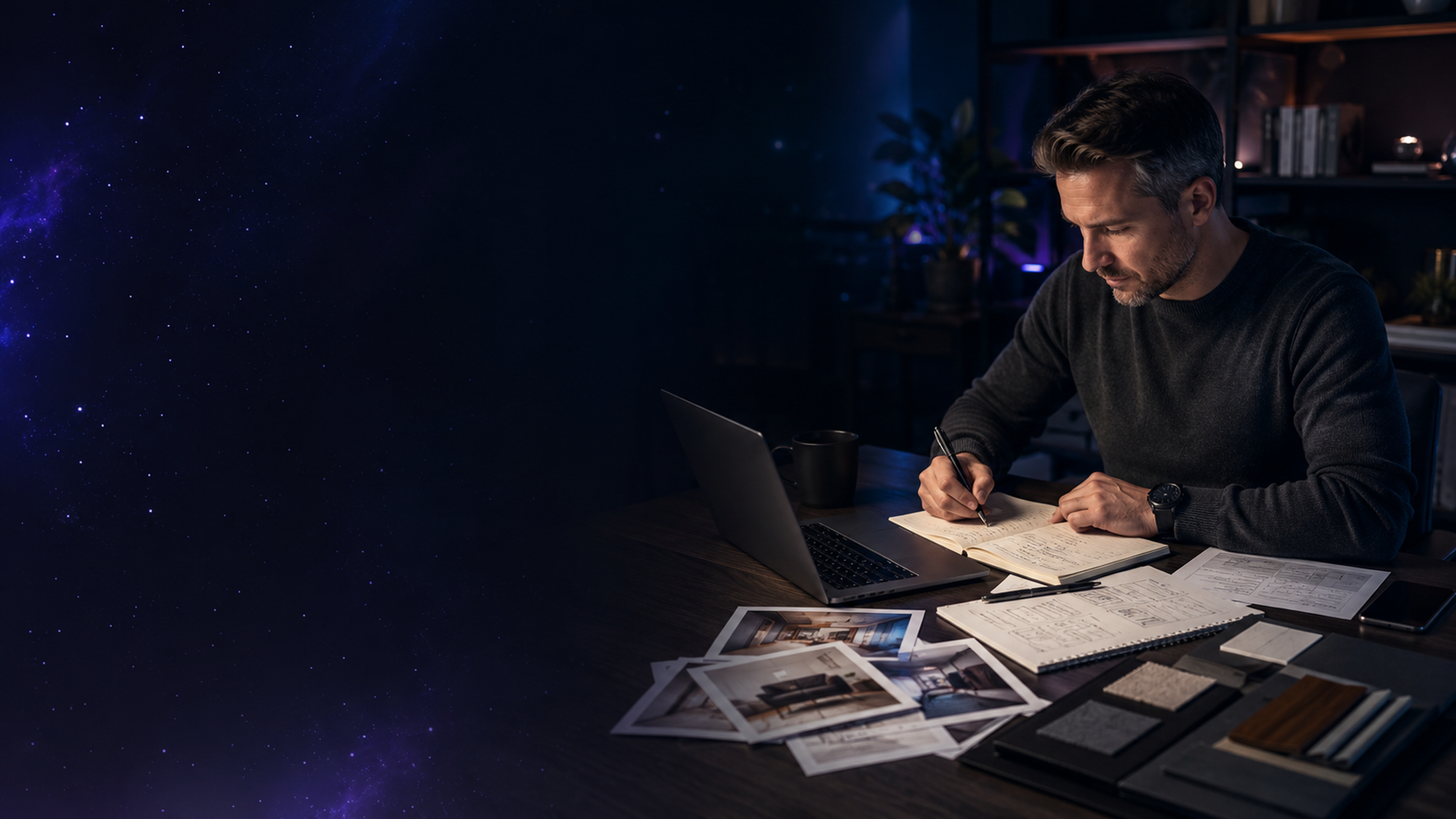 Small business owner preparing website notes, service details and photos on a desk before a website build
