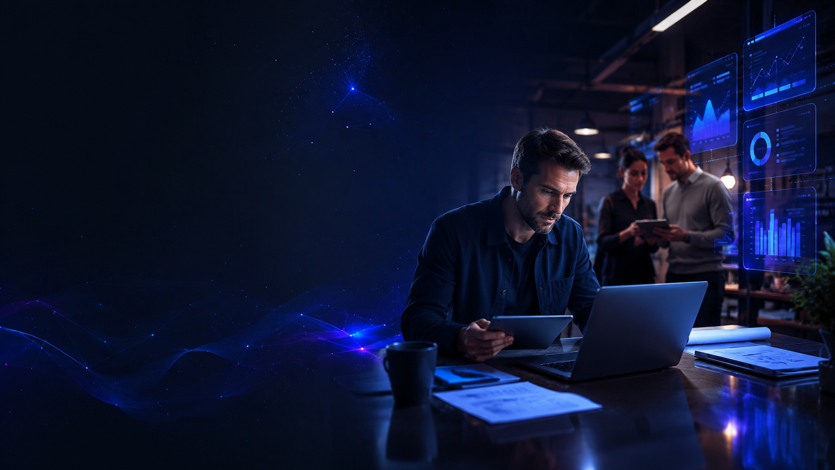 Commercial team using digital product tools to review workflow and performance data in a dark Intelixa-style workspace