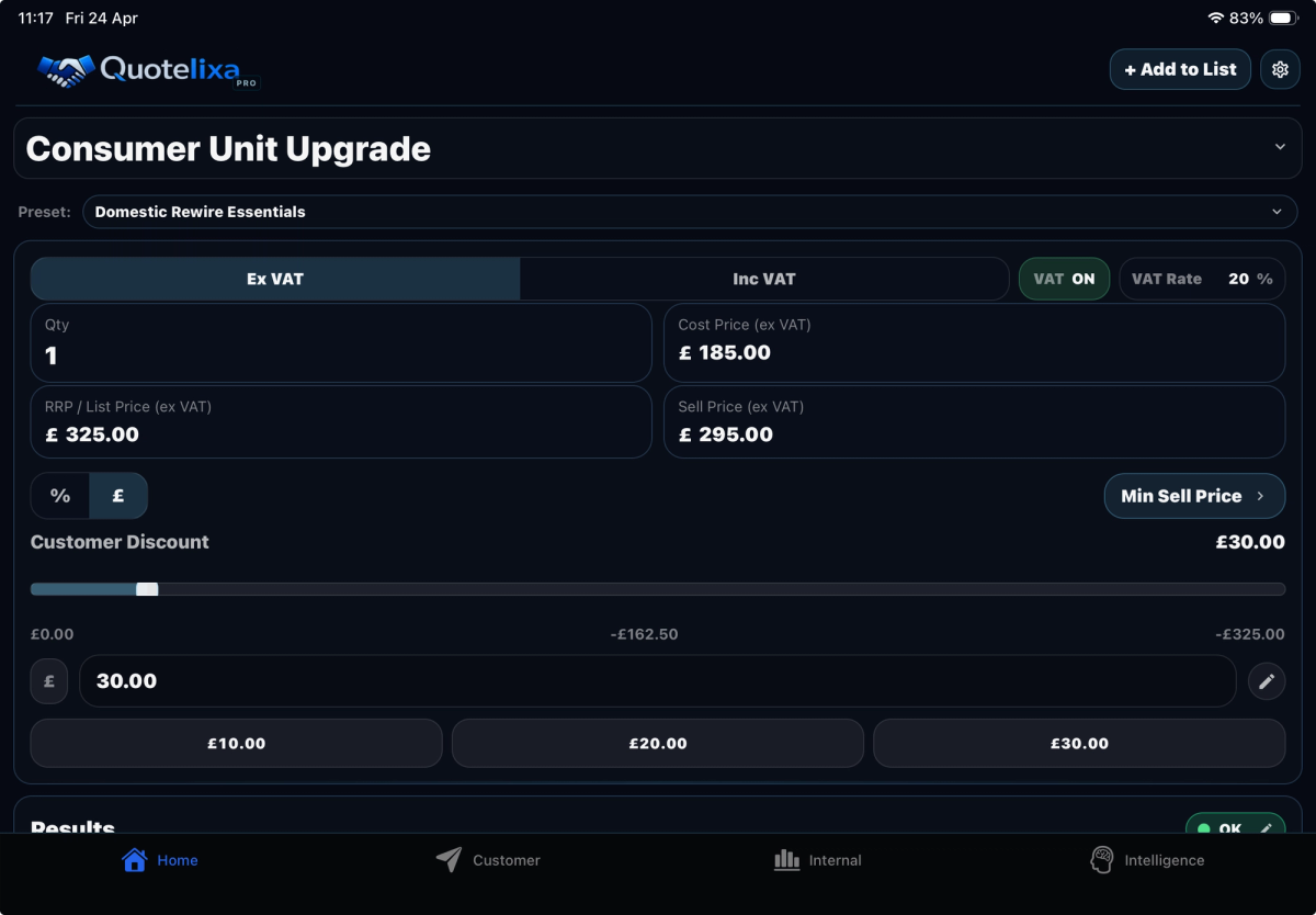 Quotelixa line calculator screen showing cost, sell price, quantity, discount, and tax controls