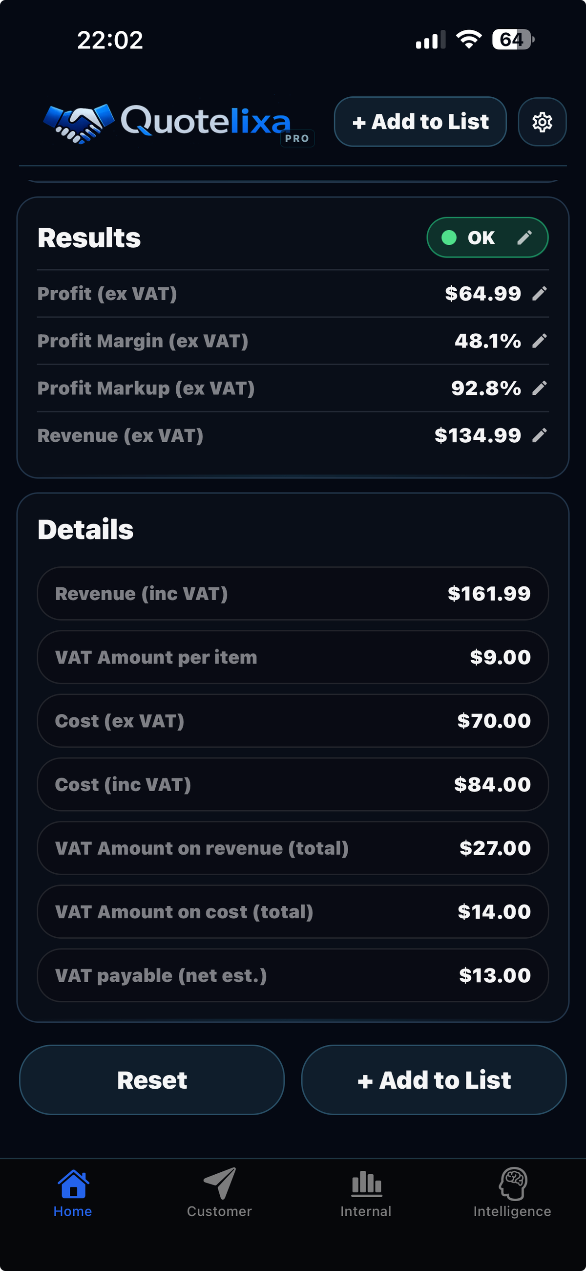 Home tab in Quotelixa showing results and detail panels with profit, margin, markup, revenue, and tax breakdown for a quoted line