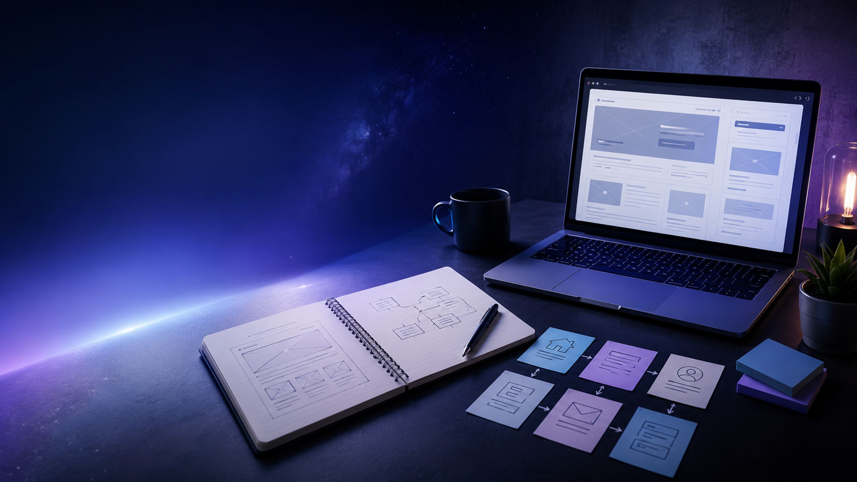 Website planning workspace with wireframes, notes and a laptop showing a website layout