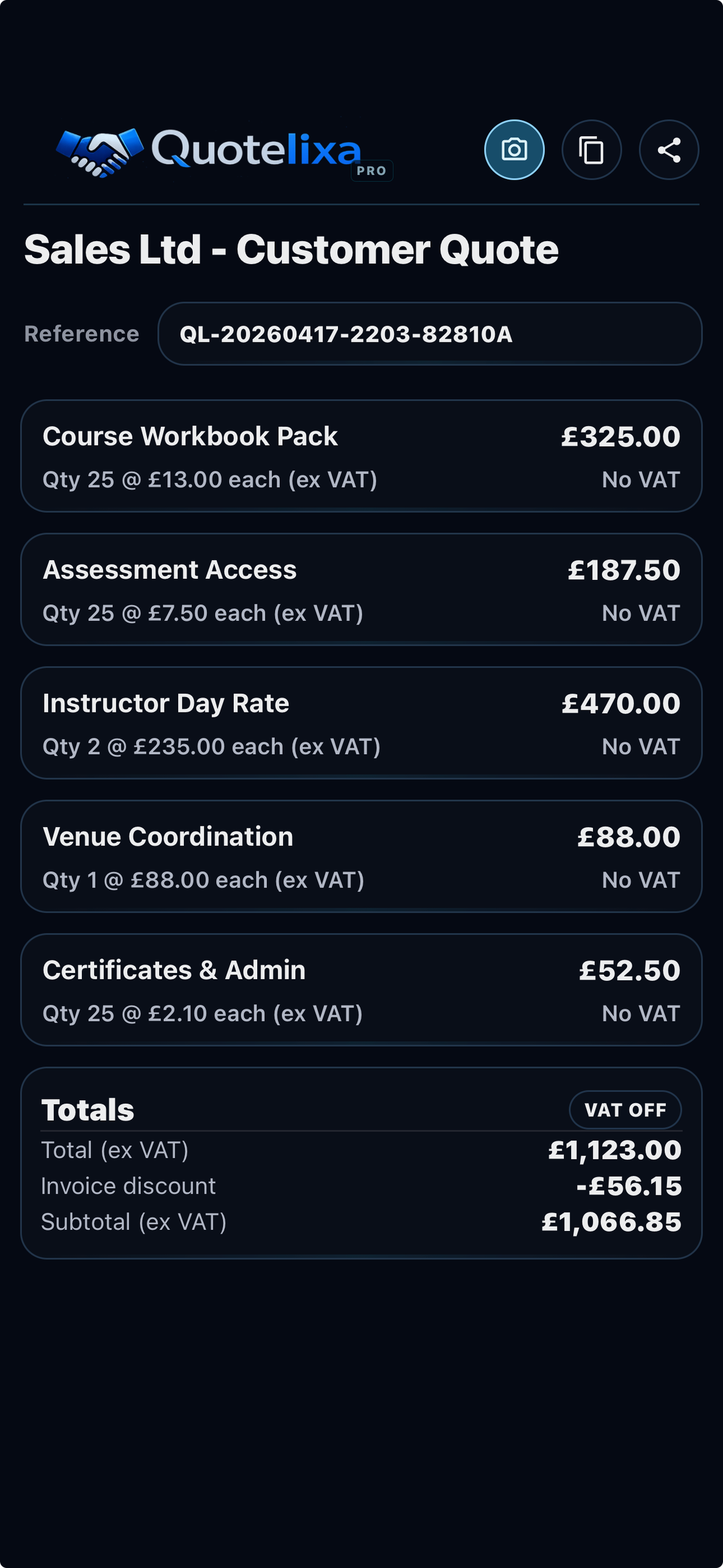 Customer view in Quotelixa Pro with line items, references, and totals laid out for outward reading.