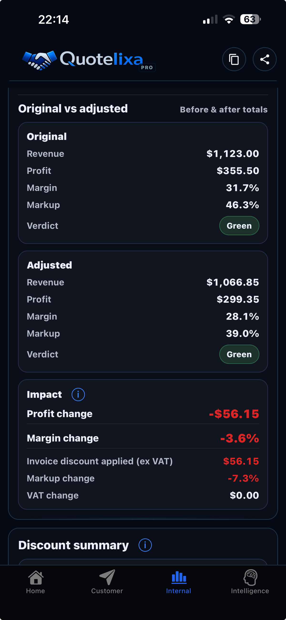 Quotelixa Internal view screen showing adjusted quote figures and commercial totals