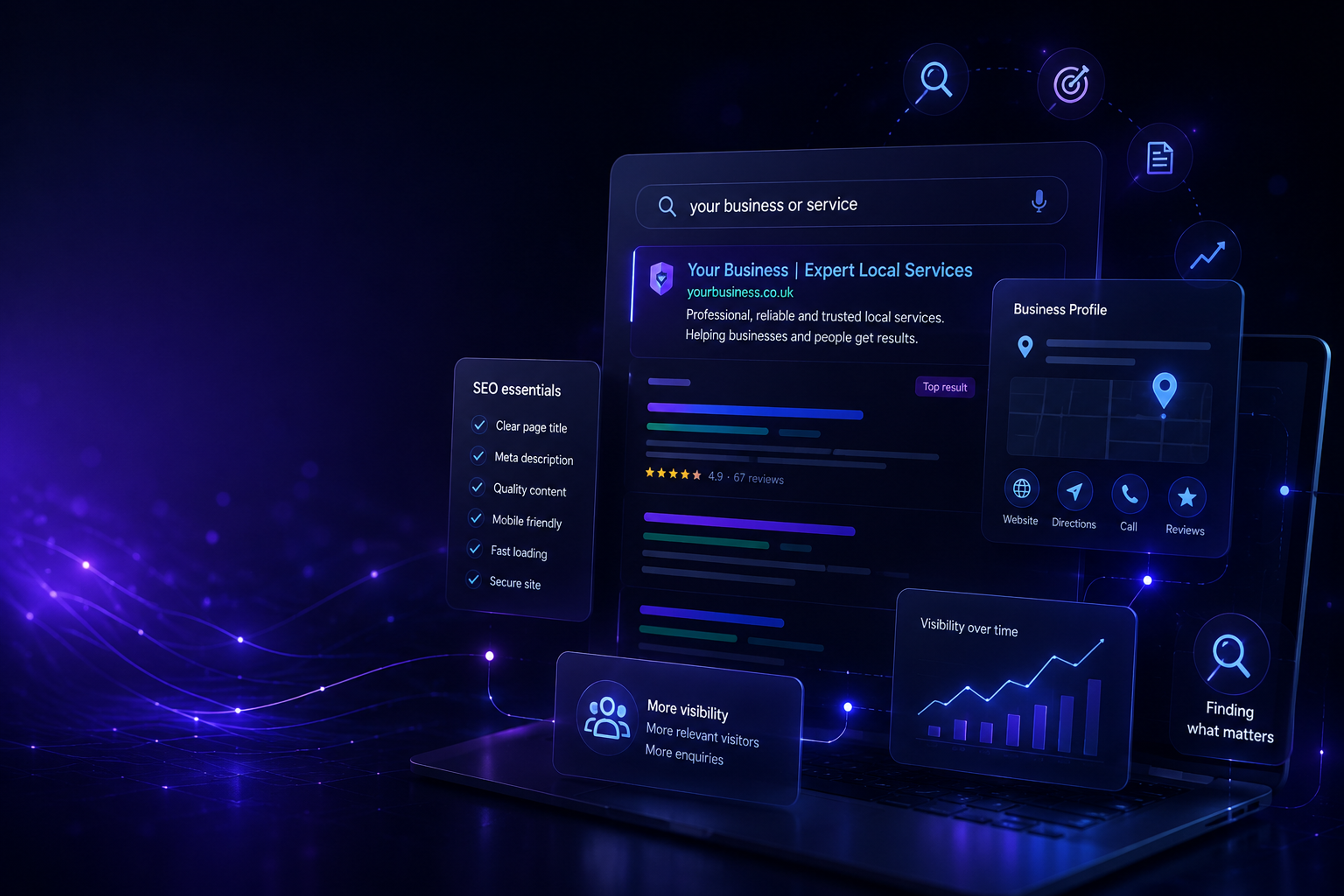 Abstract search and website structure concept showing connected page cards, search signals and clear content pathways on a dark Intelixa-style interface