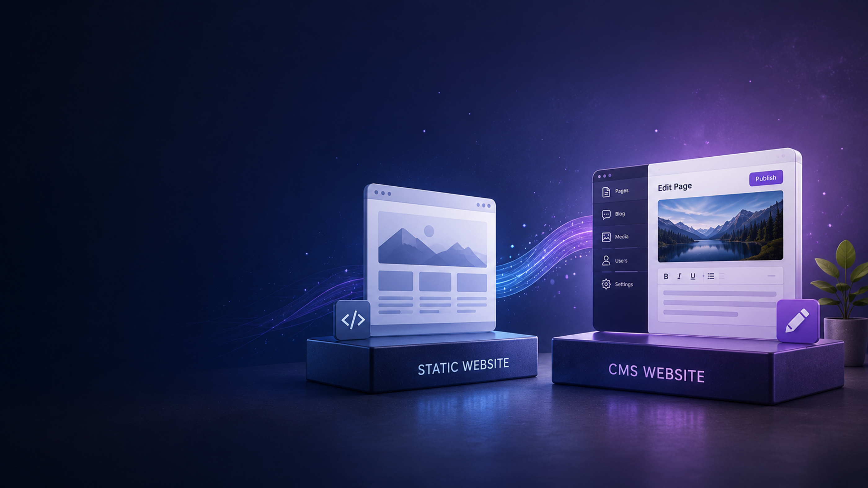Abstract comparison of a simple static website build and an editable content management system workflow on a dark Intelixa-style interface
