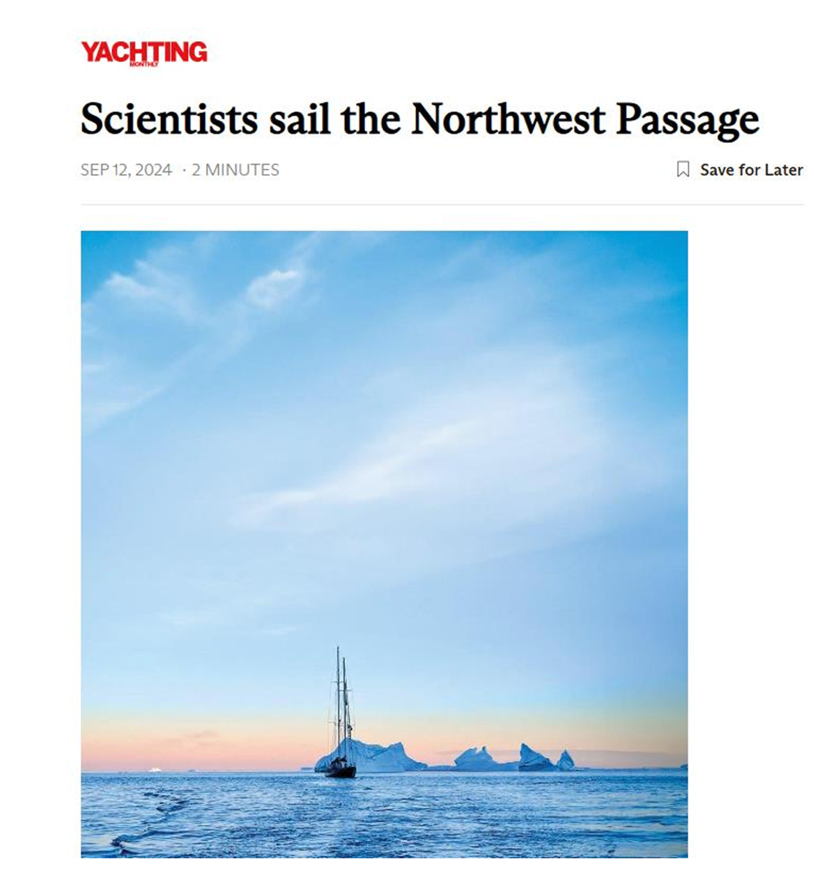 Northwest Passage Ocean Science Expedition featured in Yachting Monthly