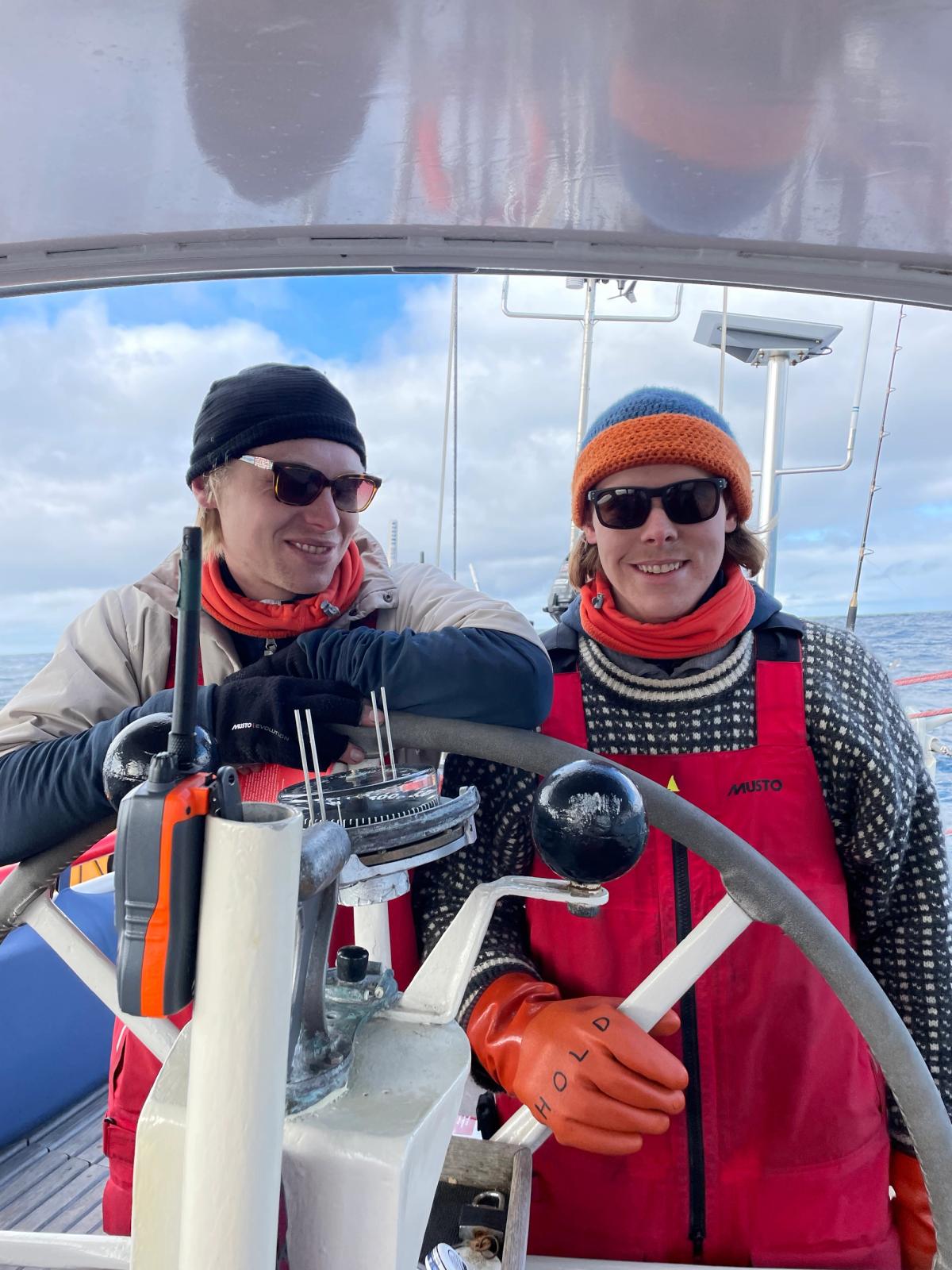 Isak Rockström (Skipper) and Alex Rockström (First Mate) at the helm of the Abel Tasman. Credit: Rakel Thorell