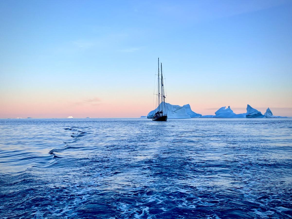 The Abel Tasman against a backdrop of icebergs