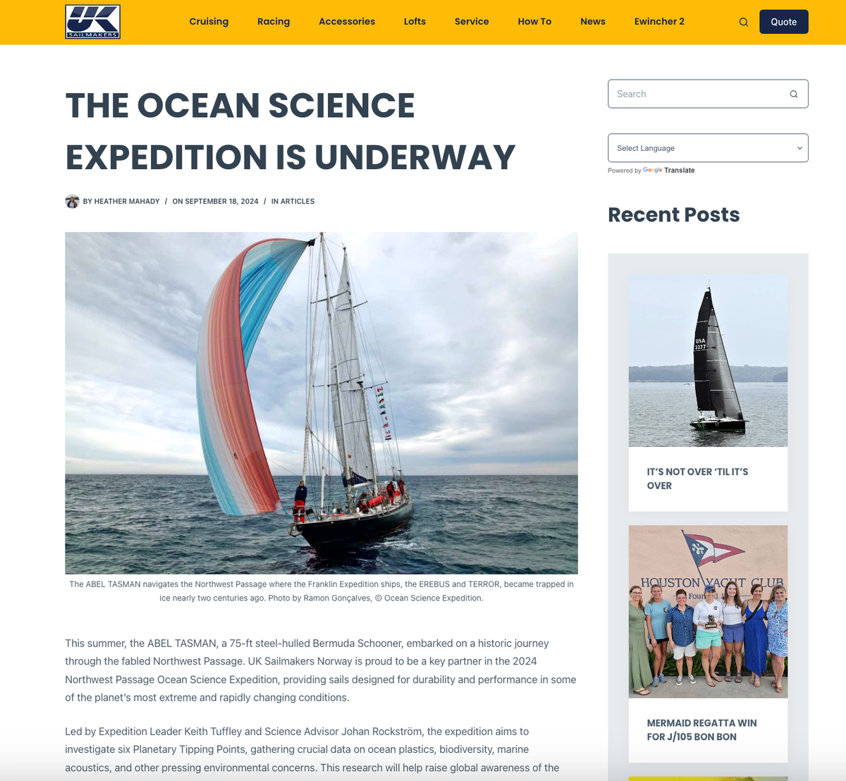 Northwest Passage Ocean Science Expedition featured in UK Sailmakers