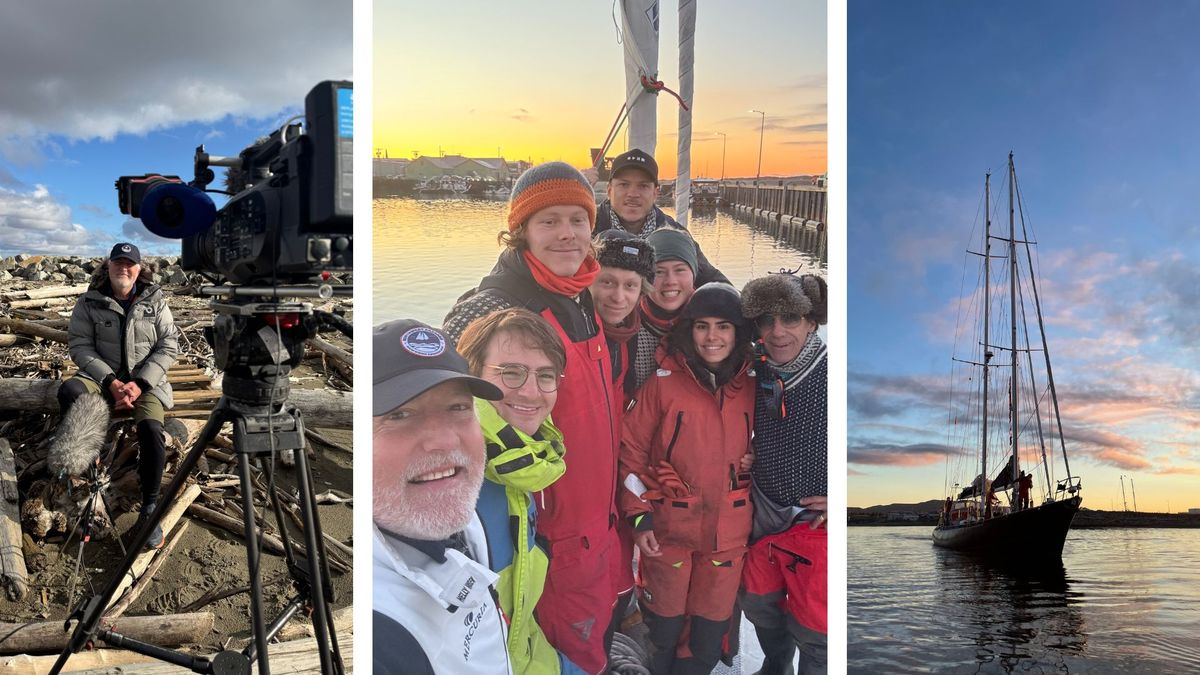 Left: Keith Tuffley is interviewed by the MEDIA.etc film crew. Middle: The team says farewell to Sylvestre and Ramon. Credits: Keith Tuffley. Right: The Abel Tasman moored in Nome harbour. Credit: Rakel Thorell