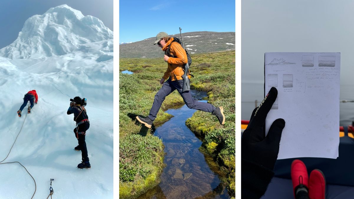 Maximo Kausch (Karina Oliani’s husband) iceclimbing, Sylvestre Campe filming, Alex Rockström in Thesus Weekend boot, and Meg O’Hara’s sketches