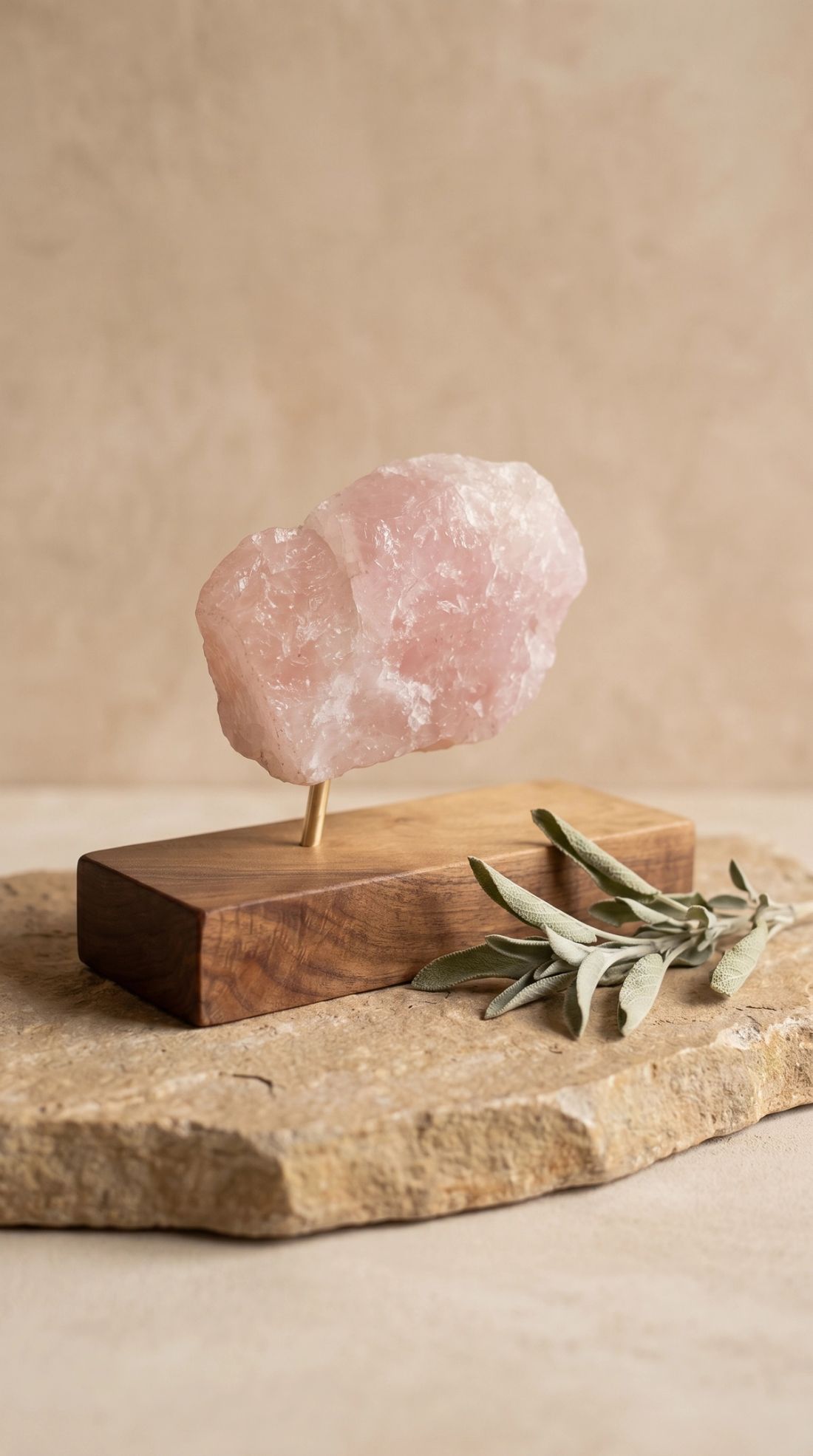 Rose Quartz on Walnut Stand