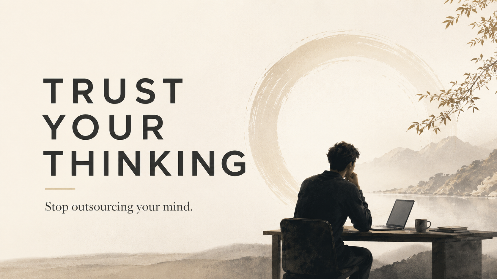 Minimal premium blog cover featuring a person seated at a desk with a laptop, facing a calm misty landscape, with large typography reading “Trust Your Thinking” and the subtitle “Stop outsourcing your mind.