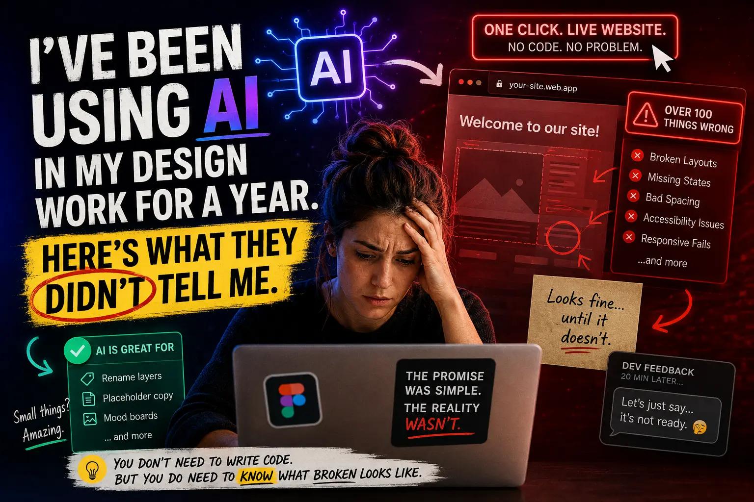 Thumbnail showing a stressed designer using a laptop while an AI-generated website appears full of errors, warning labels, broken layouts, missing states, and accessibility issues, contrasting the promise of one-click design with the reality of technical problems.
