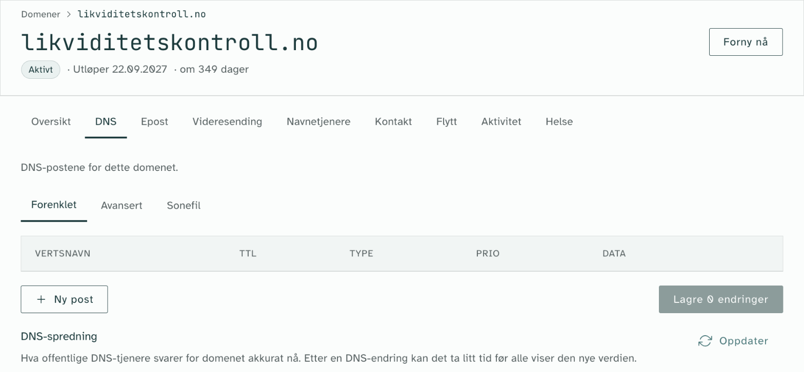 DNS-fanen hos Sedes på et nytt domene: visningen Forenklet med tom tabell, knappen Ny post, og DNS-spredning nederst.