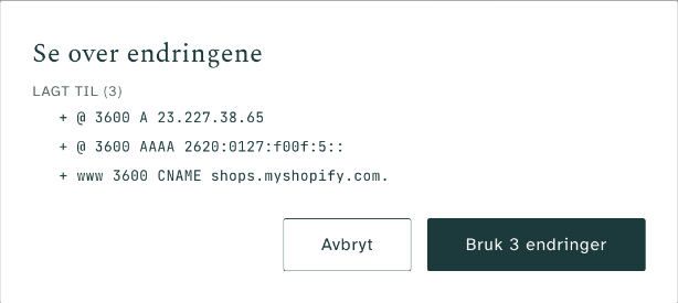 Vinduet Se over endringene med de tre postene under Lagt til, og knappen Bruk 3 endringer.