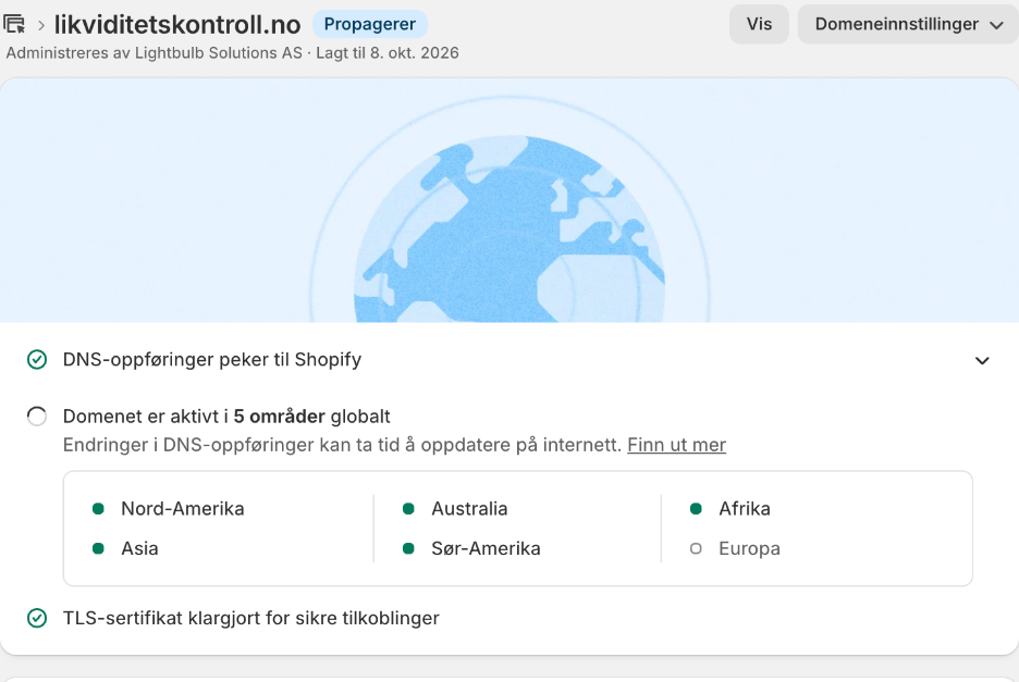 Shopify med statusen Propagerer: Europa er grå igjen, mens TLS-sertifikatet er klart.