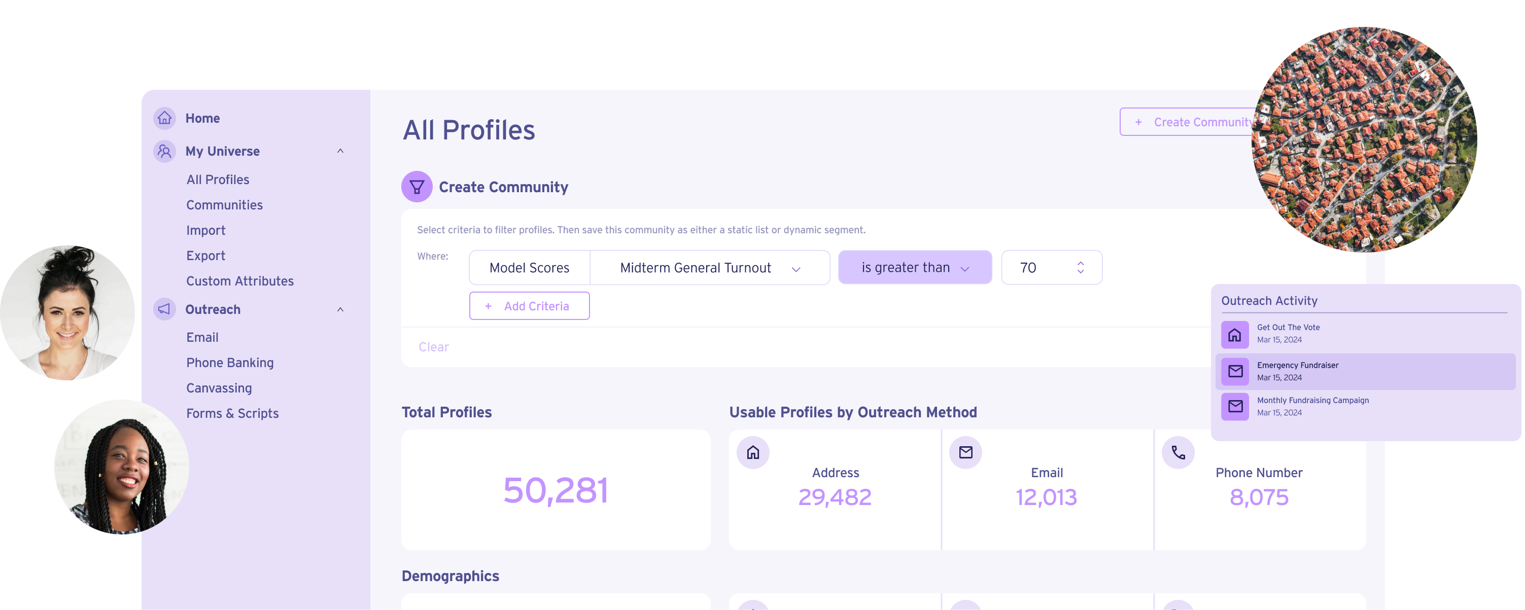 Illustration of user view in Organizer showing the view someone would see when the create a community and filter by different criteria. 