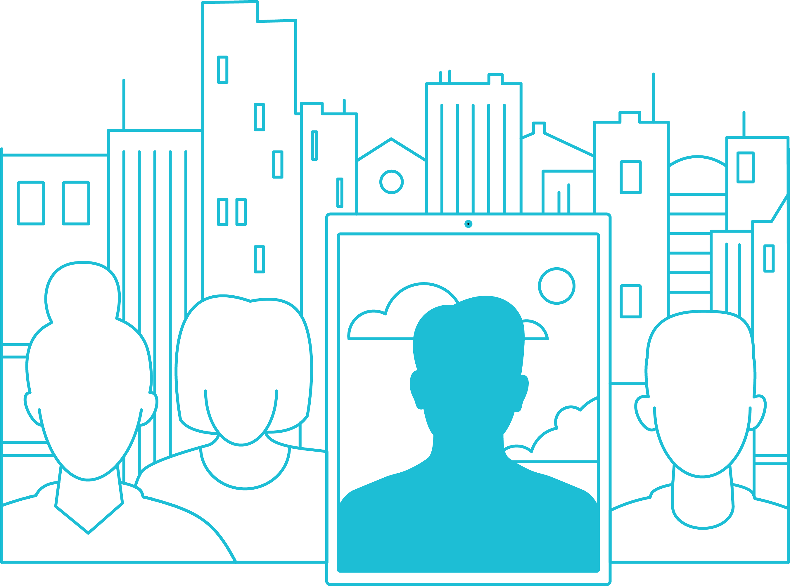 Outline of a city in the background with a few profiles of people in the foreground