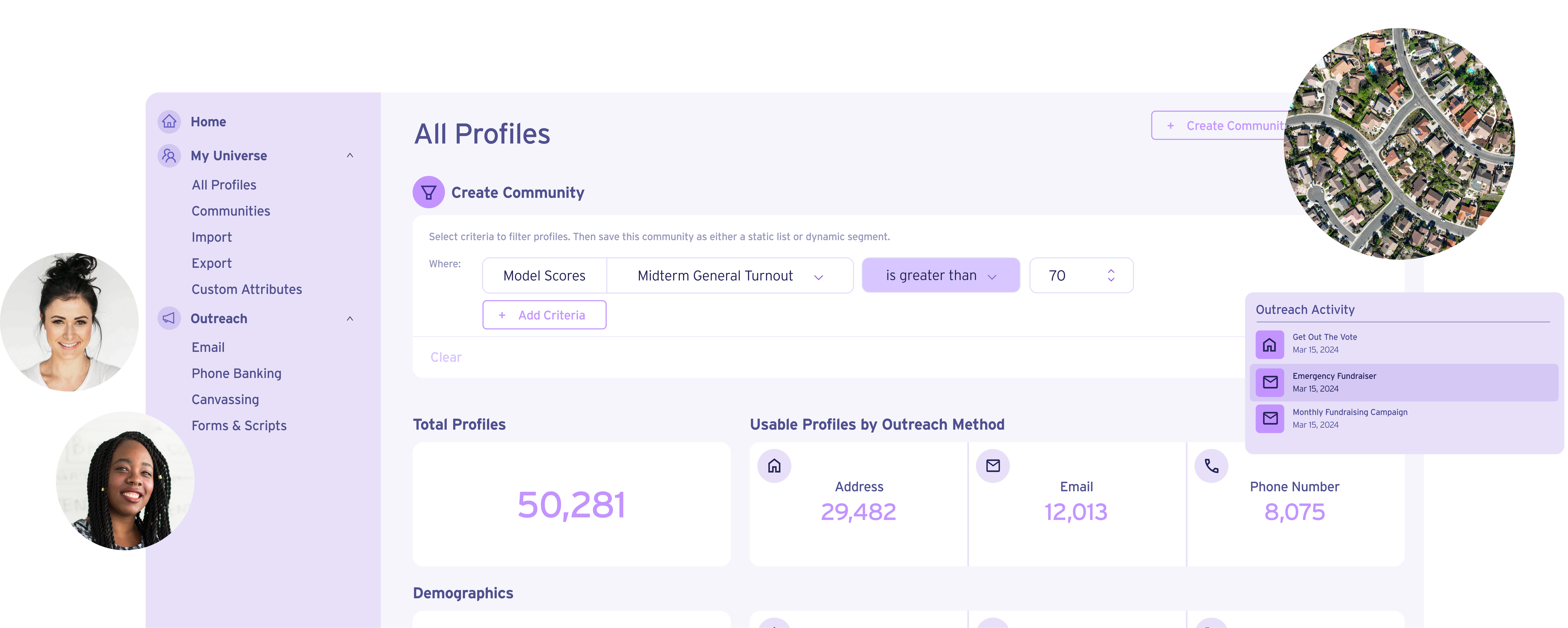 Illustration of user view in Organizer showing the view someone would see when the create a community and filter by different criteria. 