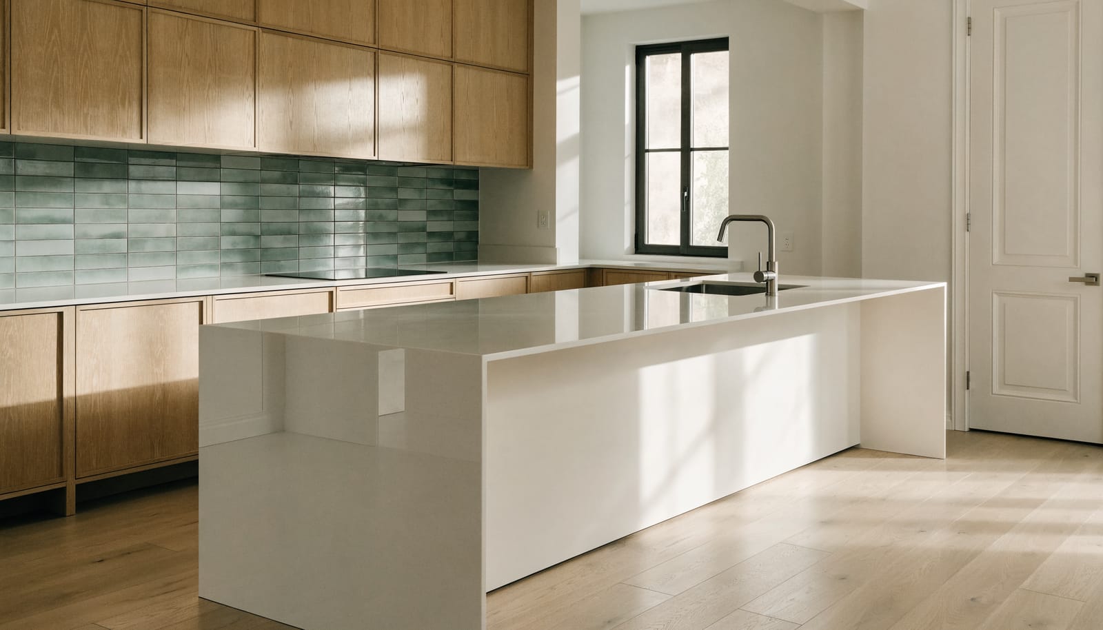 A spotless kitchen with marble counters