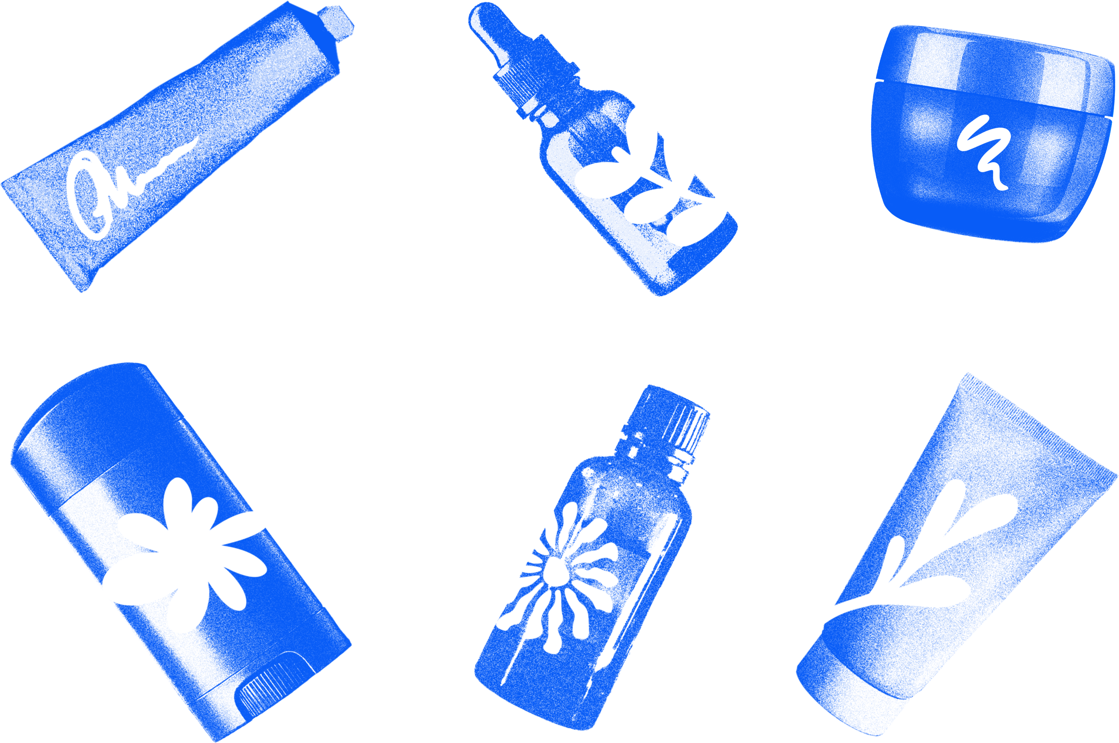 Monochromatic risograph-styled blue silhouettes of various cosmetic and skincare product containers, including tubes, jars, and bottles, displayed on a transparent checkered background.
