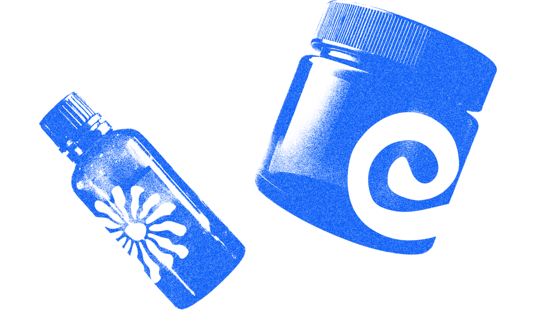 Blue glass dropper bottle and jar with textured, printed design resembling cosmetic packaging.