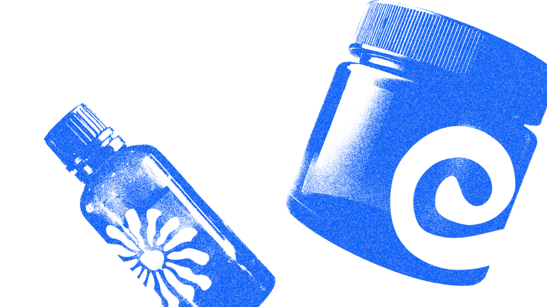 Blue glass dropper bottle and jar with textured, printed design resembling cosmetic packaging.