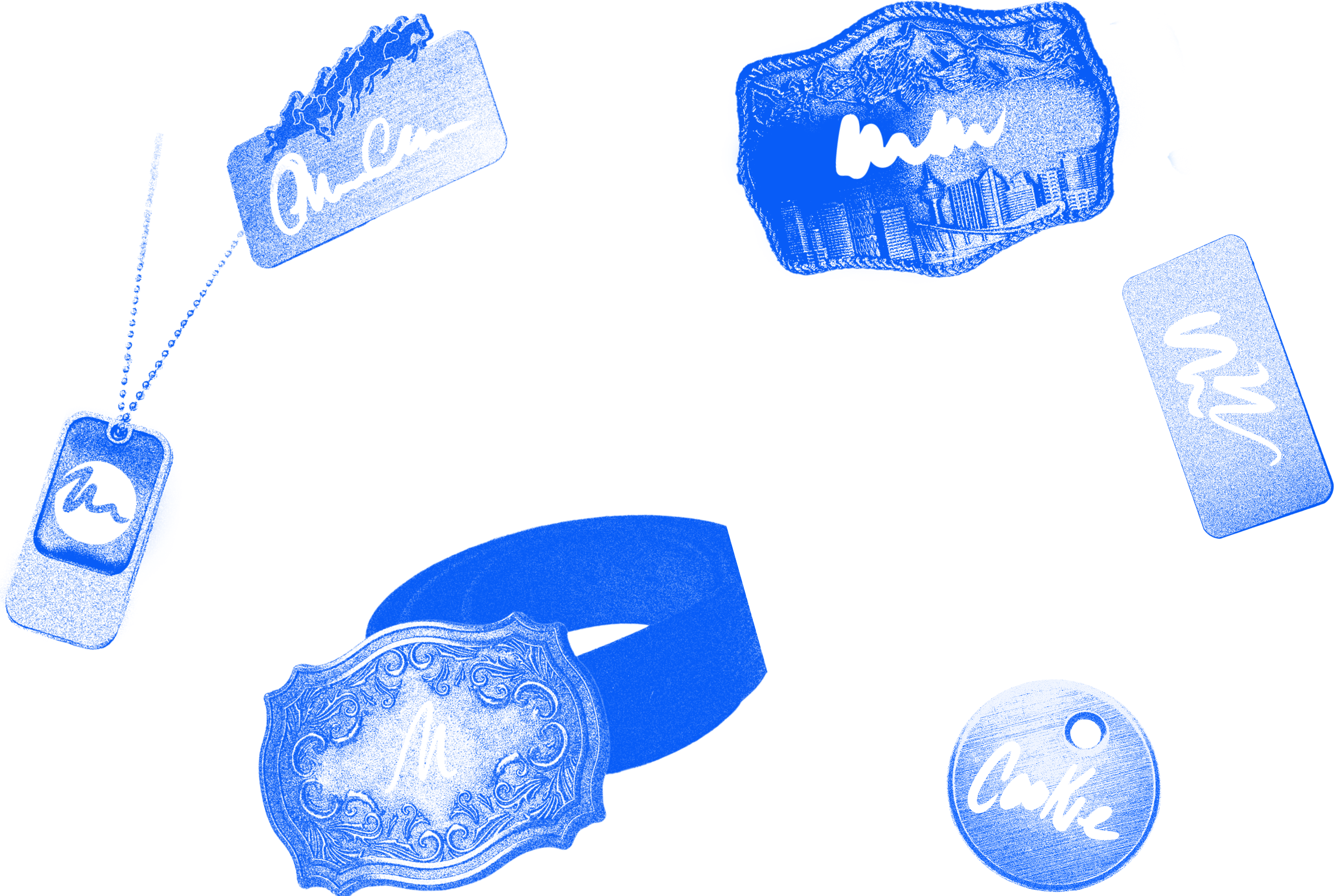 monochromatic blue textured objects in a rispgraph style including a 2 dog tags, 2 belt buckles and 2 name tags all on a transparent background.