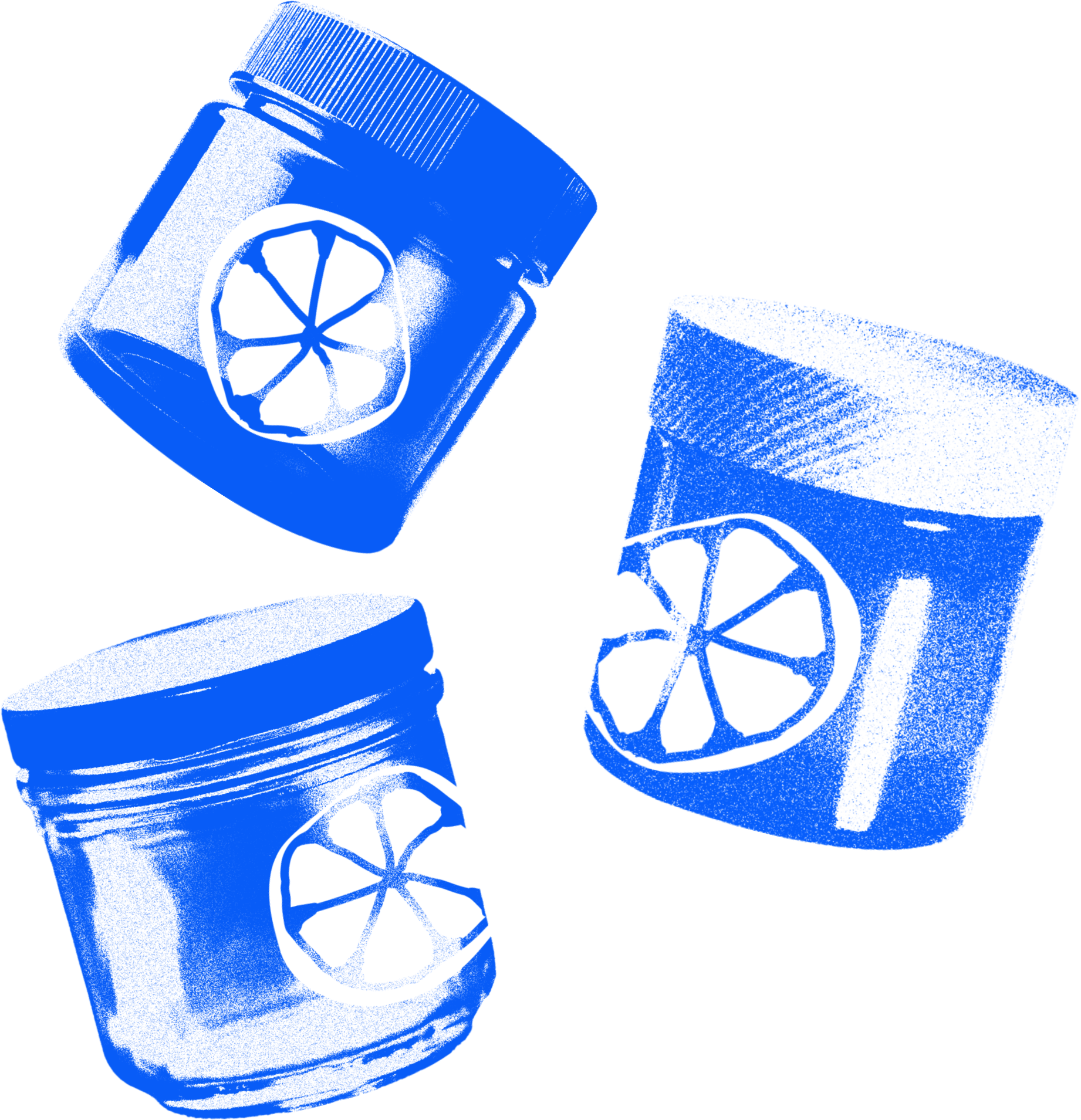A collection of three jars, each featuring a lemon slice graphic on the side, rendered in a monochromatic blue tone with a risograph-inspired style. The jars are cylindrical with textured lids, arranged dynamically to create visual interest. The grainy, screen-printed effect characteristic of risograph printing gives the design a vintage and artisanal aesthetic, all set against a transparent background.