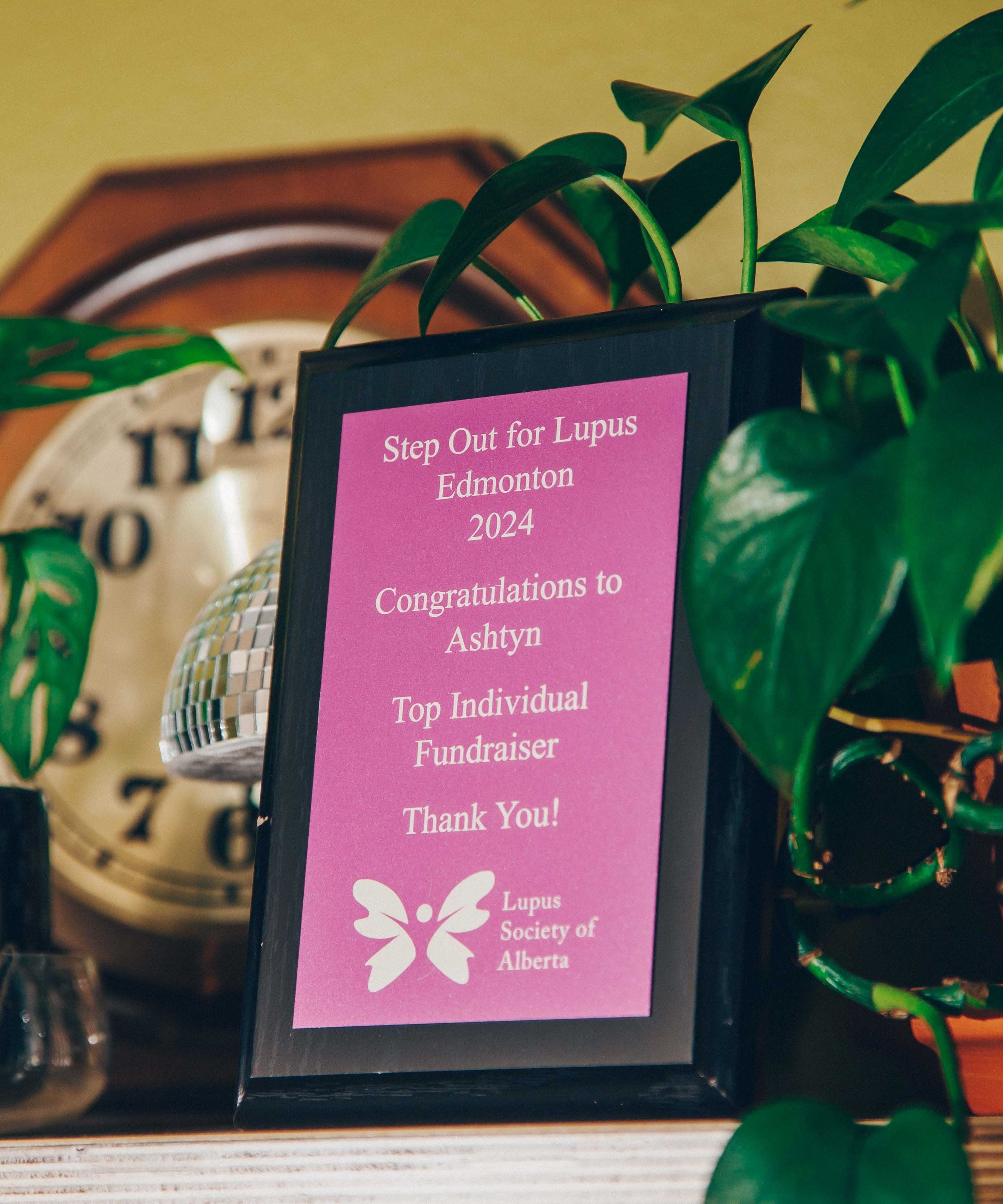 Award plaque for Step Out for Lupus Edmonton 2024, congratulating Ashtyn as top individual fundraiser, surrounded by plants and a clock.