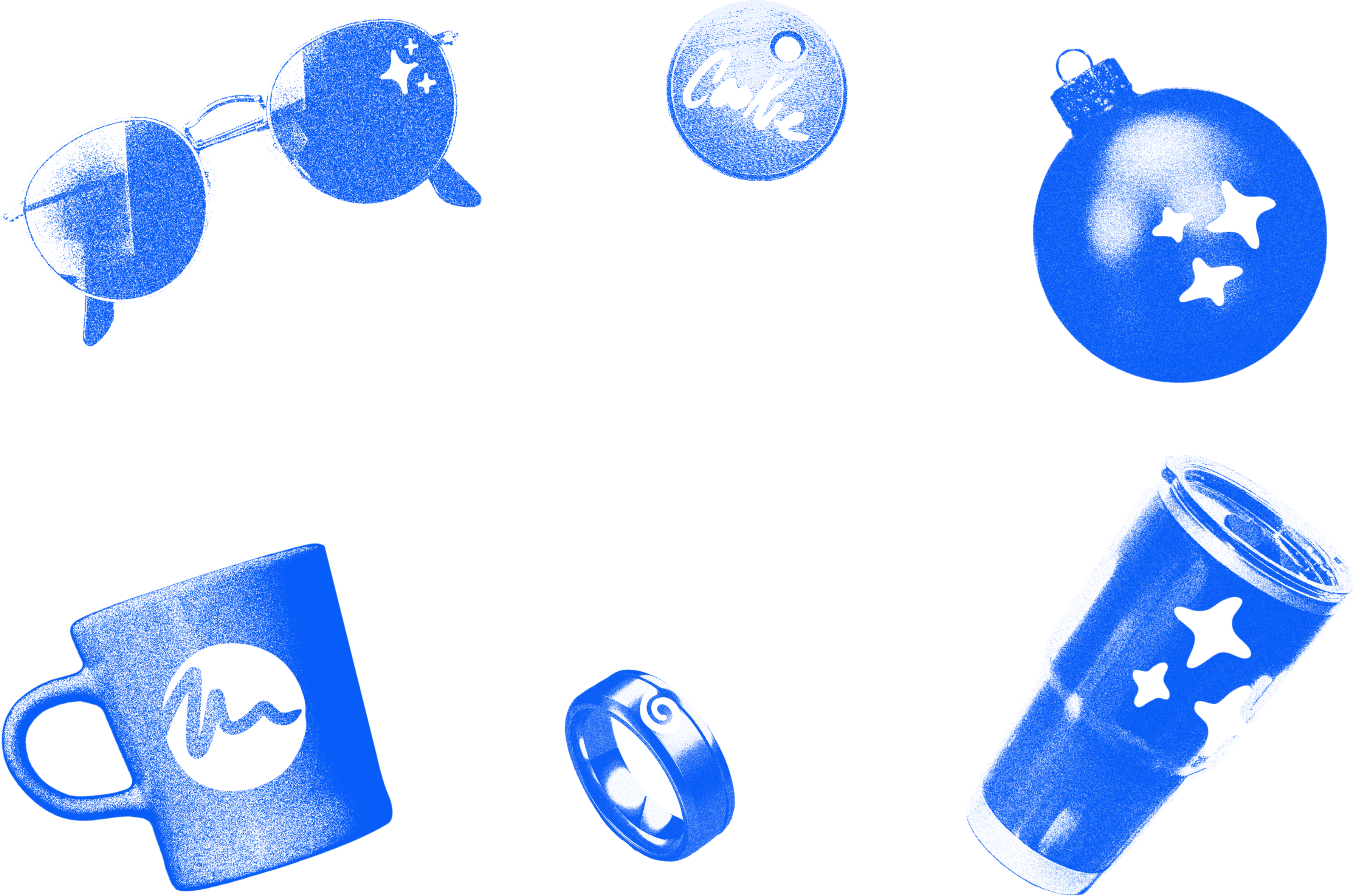 Monochromatic risograph-styled blue silhouettes of various objects, including sunglasses, a circular ornament, a coffee mug, a ring, a tumbler with star cutouts, and a decorative tag, displayed on a transparent background.