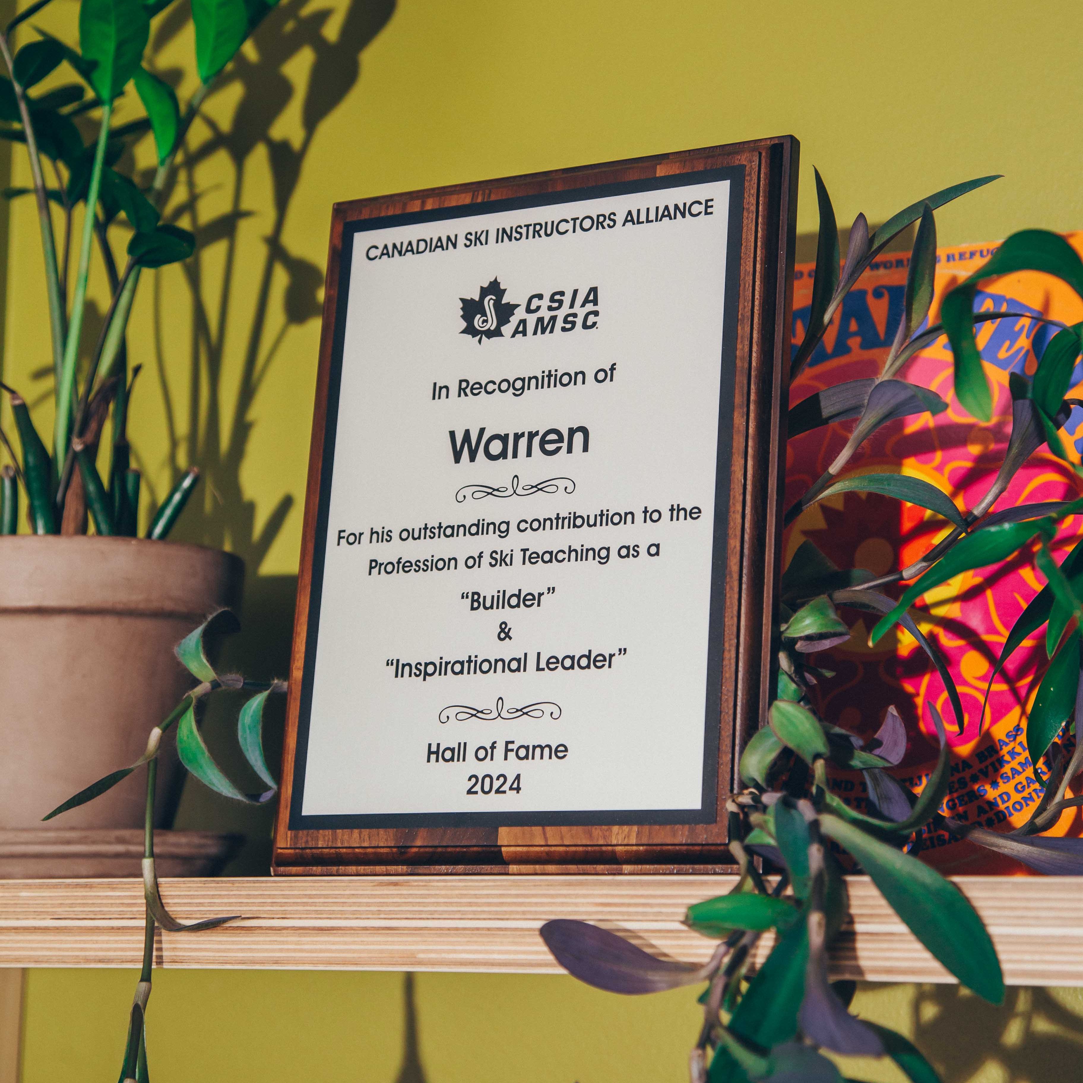 Award plaque from the Canadian Ski Instructors Alliance recognizing contributions to ski teaching, displayed on a shelf with plants.