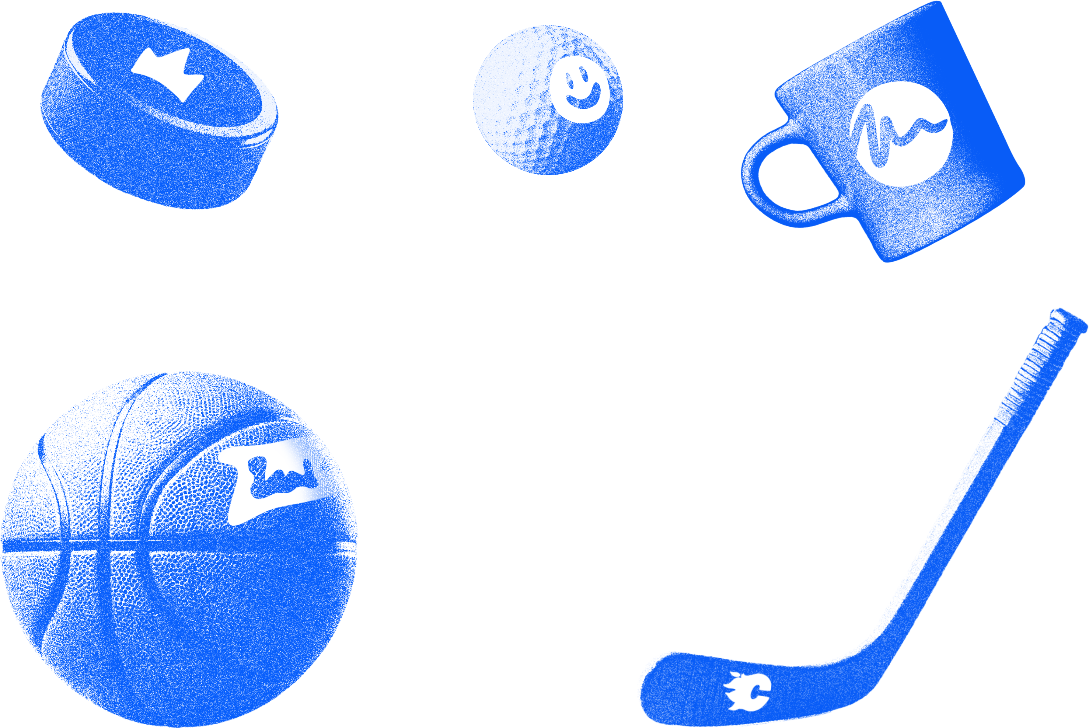 Monochromatic risograph-styled blue silhouettes of various objects, including a hockey puck, basketball, golf ball, coffee mug, and hockey stick, displayed on a transparent background.