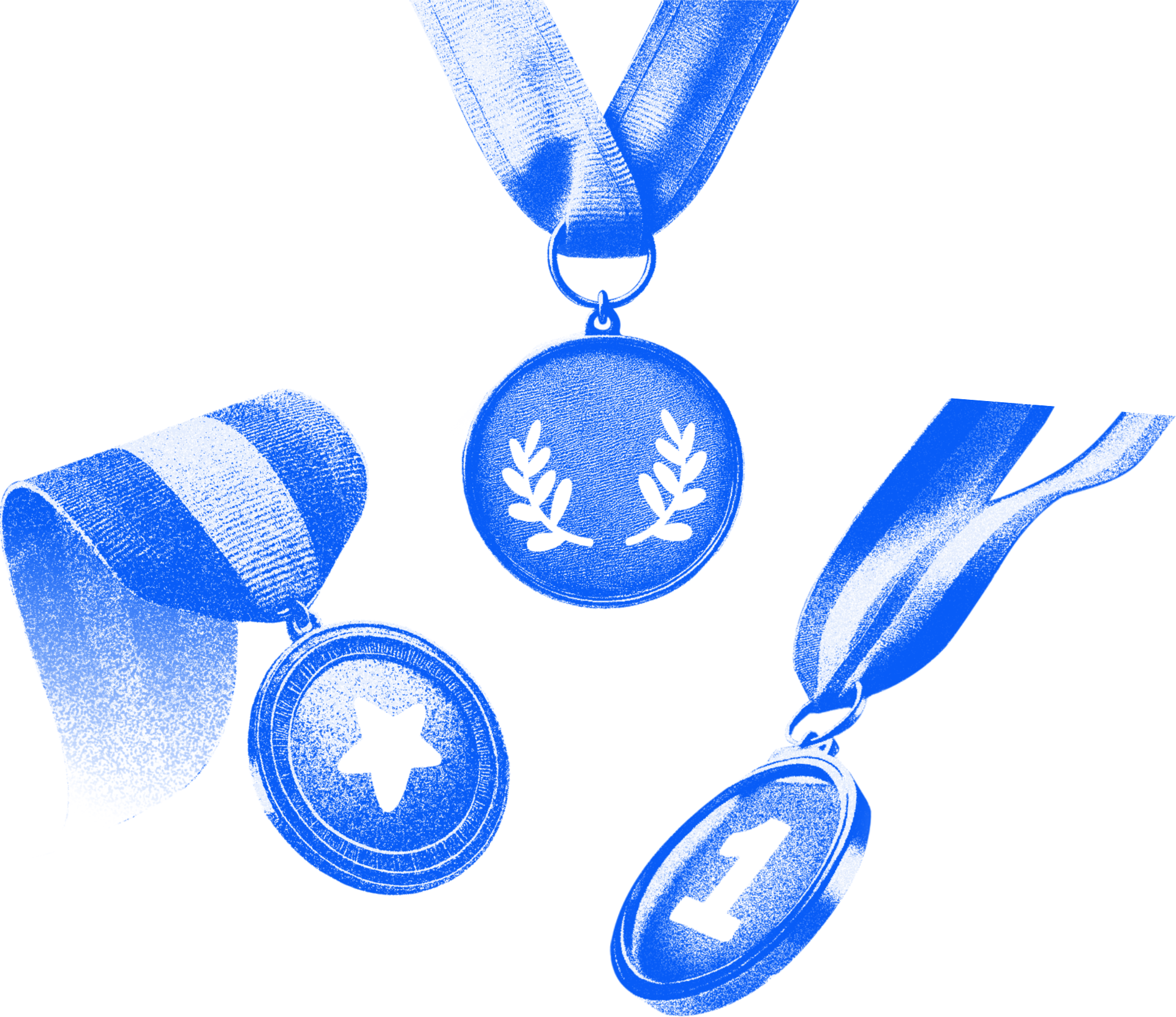 A stylized image of three medals with ribbons, rendered in a monochromatic blue tone with a risograph-inspired aesthetic. One medal features a laurel wreath, another displays a star, and the third has the number '1'. The textured, grainy effect mimics the distinctive risograph printing style, giving the design a vintage and artistic feel. The medals are depicted with dynamic ribbon shapes on a transparent background.