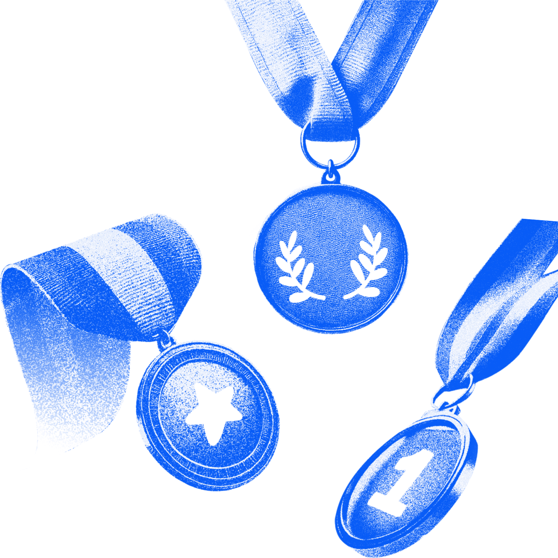 A stylized image of three medals with ribbons, rendered in a monochromatic blue tone with a risograph-inspired aesthetic. One medal features a laurel wreath, another displays a star, and the third has the number '1'. The textured, grainy effect mimics the distinctive risograph printing style, giving the design a vintage and artistic feel. The medals are depicted with dynamic ribbon shapes on a transparent background.