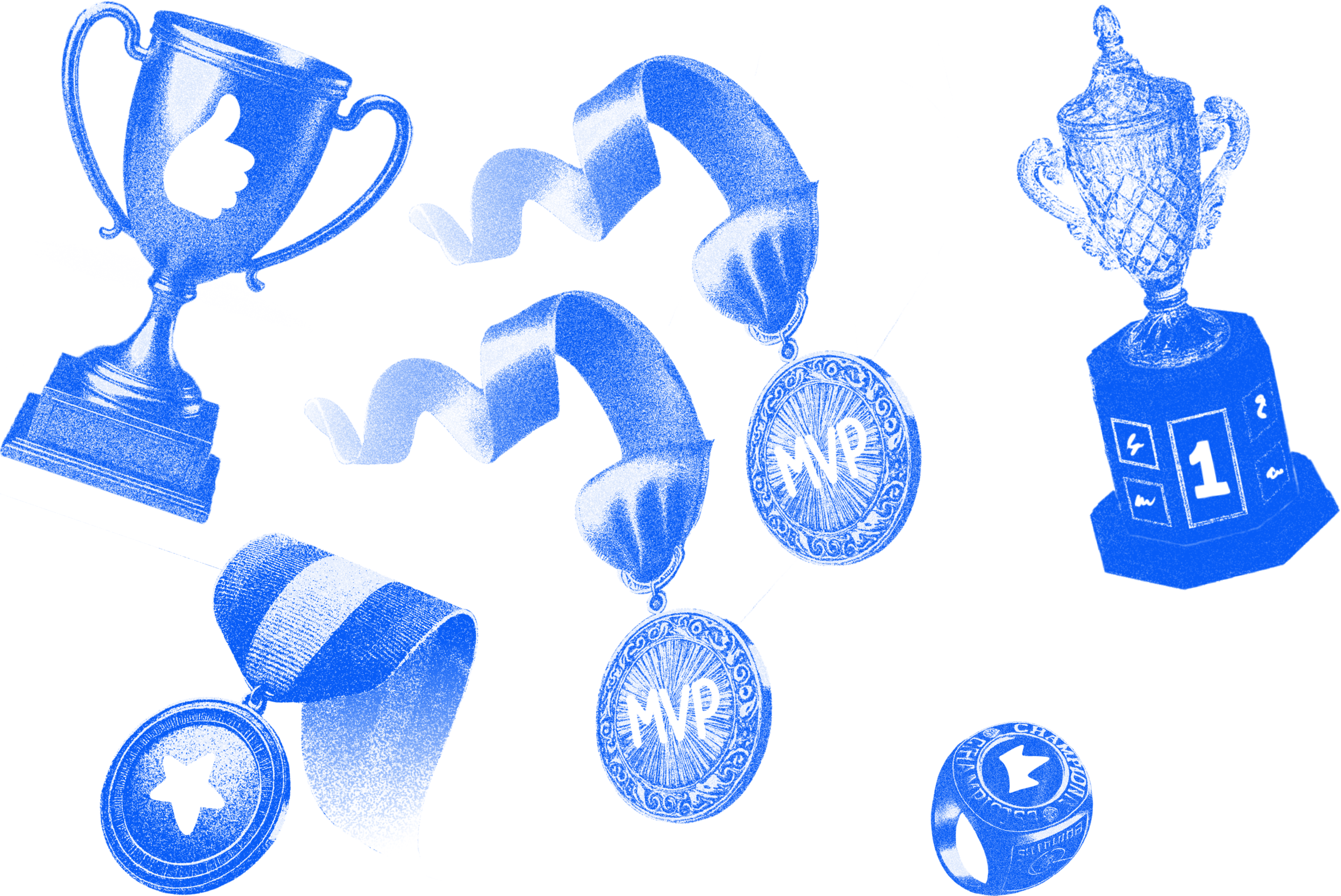 A collection of blue trophy and medal illustrations on a transparent background. The set includes a traditional trophy with handles, a ribbon with a circular medal displaying a star, two ribbons with medallions labeled 'MVP,' a ring with an emblem, and a trophy with the number '1' on a pedestal. The designs are sketched in a vintage style.