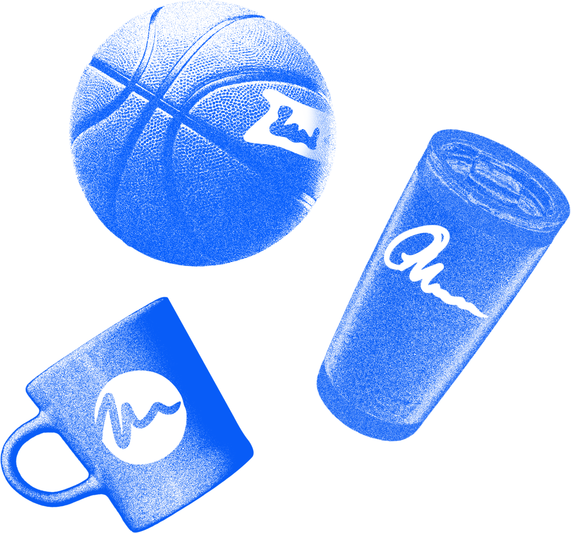 A stylized arrangement of three items—a basketball, a tumbler, and a coffee mug—each featuring branding elements like signatures or logos. Rendered in a monochromatic blue tone with a risograph-inspired texture, the design has a grainy, screen-printed effect. The basketball includes a signature-like detail, the tumbler displays a flowing script, and the mug features a circular graphic with a wavy line. The transparent background enhances versatility for digital or print use.