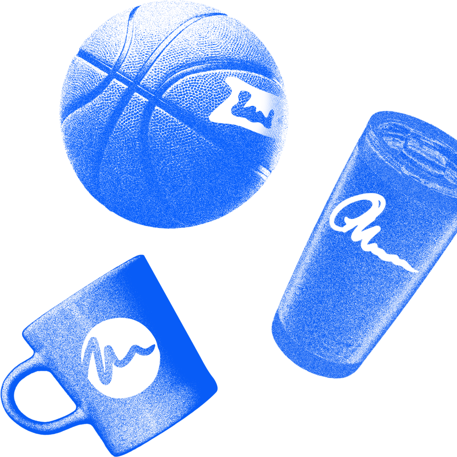 A stylized arrangement of three items—a basketball, a tumbler, and a coffee mug—each featuring branding elements like signatures or logos. Rendered in a monochromatic blue tone with a risograph-inspired texture, the design has a grainy, screen-printed effect. The basketball includes a signature-like detail, the tumbler displays a flowing script, and the mug features a circular graphic with a wavy line. The transparent background enhances versatility for digital or print use.