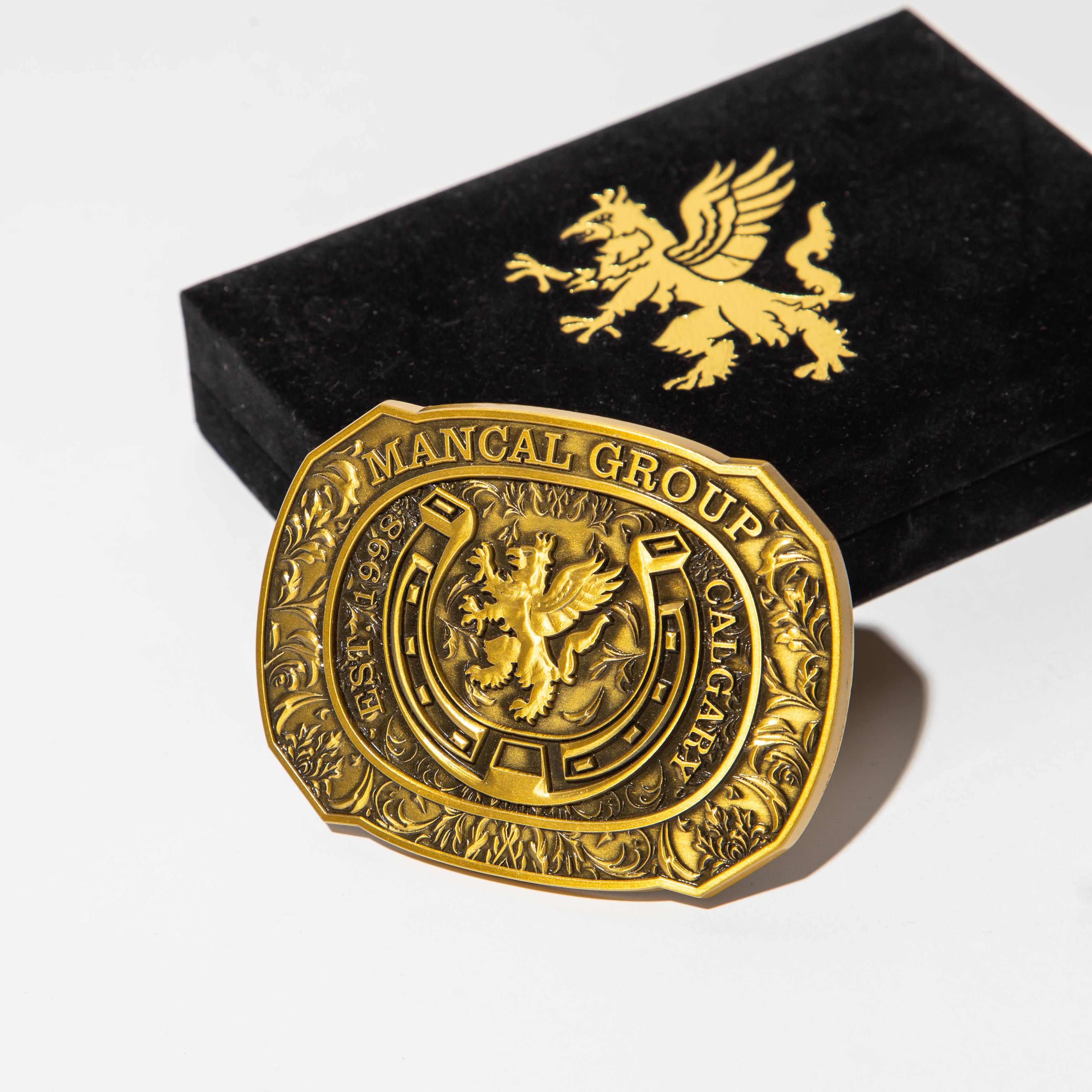 A detailed, ornate gold belt buckle with intricate engravings and a central emblem of a griffin. The buckle is prominently displayed against a plain white background, with a black velvet box partially visible behind it. The box also features a gold griffin emblem on its surface. The lighting is bright and direct, casting subtle shadows and highlighting the metallic sheen of the buckle.