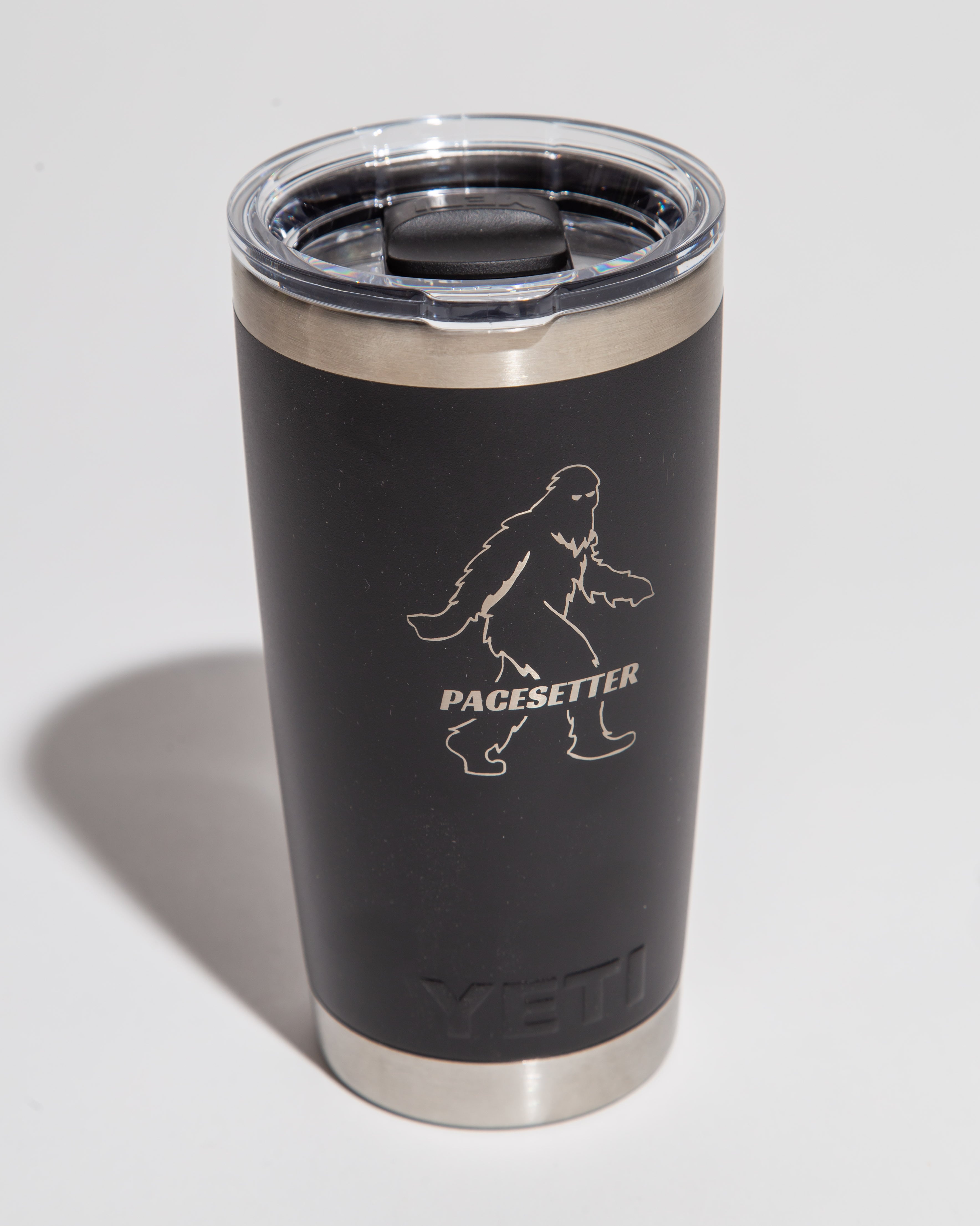Black Yeti tumbler with Pacesetter logo featuring a Bigfoot silhouette.